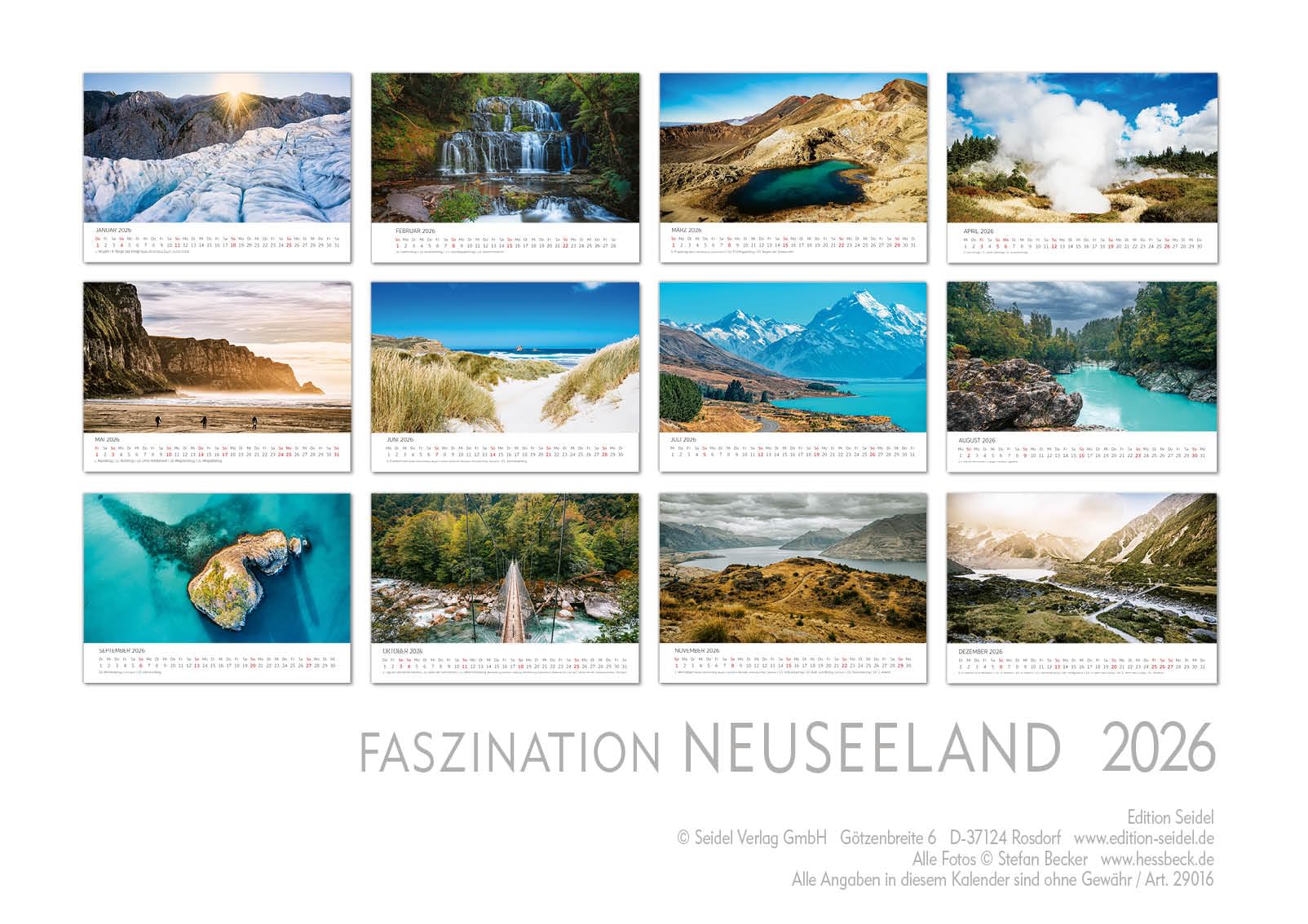 Edition Seidel Premium Kalender Faszination Neuseeland 2026 Format DIN A3 Wandkalender New Zealand Mount Cook Natur Nationalpark Wasserfälle Insel Stefan Becker