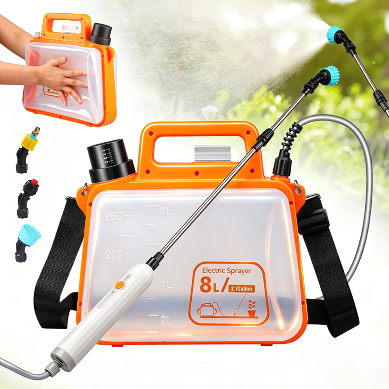 8L Battery Powered Sprayer, 2026 Upgraded Electric Weed Sprayer with USB Rechargeable Handle Retractable Wand, 3 Mist Nozzles Leak-Proof & Chemical-Resistant for Lawn,Garden,Farm (Orange)
