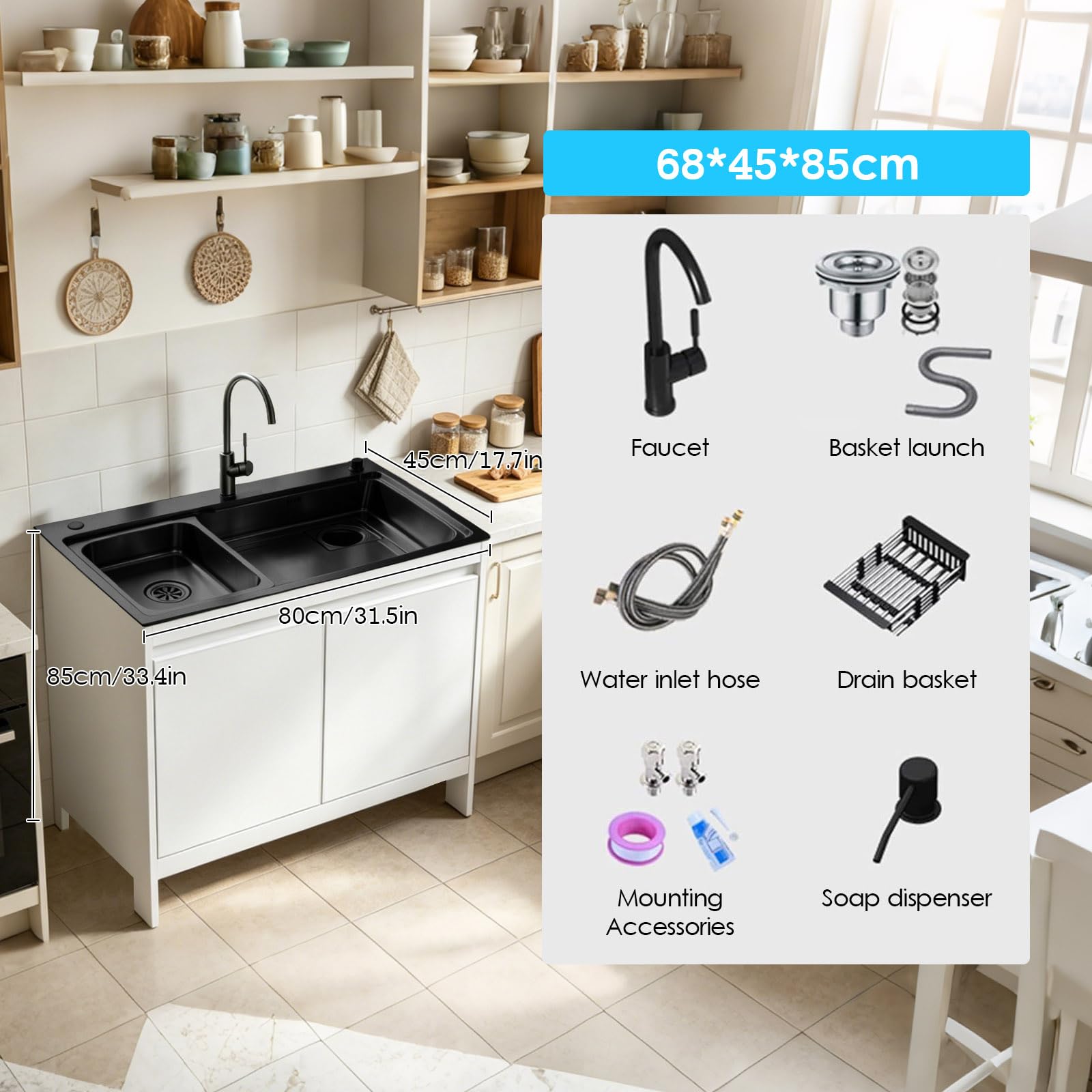 Mueble Fregadero Lavadero, Armario de Aluminio de Nido de Abeja Impermeable con Fregadero de Acero Inoxidable Negro Nano, Lavadero Portante Exterior/Interior con Grifo Cuello de Cisne, Blanco/Gris