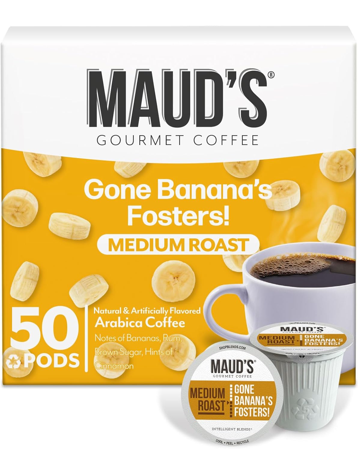 Maud's Banana Flavored Coffee Pods, 50 ct, Medium Roast Flavored Coffee in Recyclable Single Serve Pods  100% Arabica Beans, Compatible with Keurig K Cups Maker