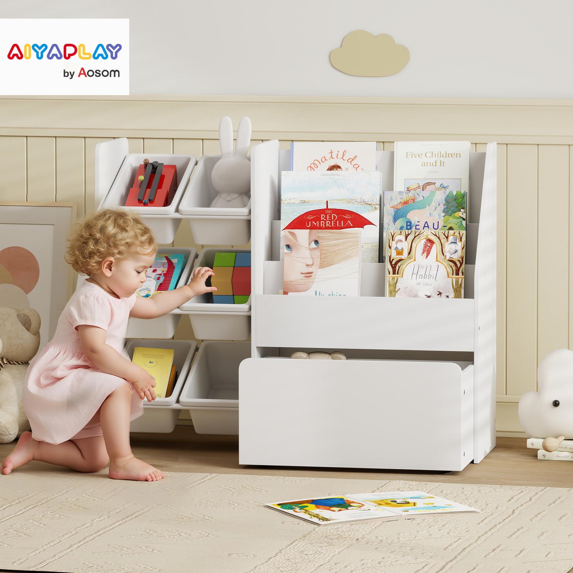AIYAPLAY Meuble Rangement Enfant, Rangement Jouet Enfant, 6 bacs Amovibles et Grand Coffre à roulettes, bibliothèque à 3 Niveaux pour Chambre ou Salle de Jeux, Blanc