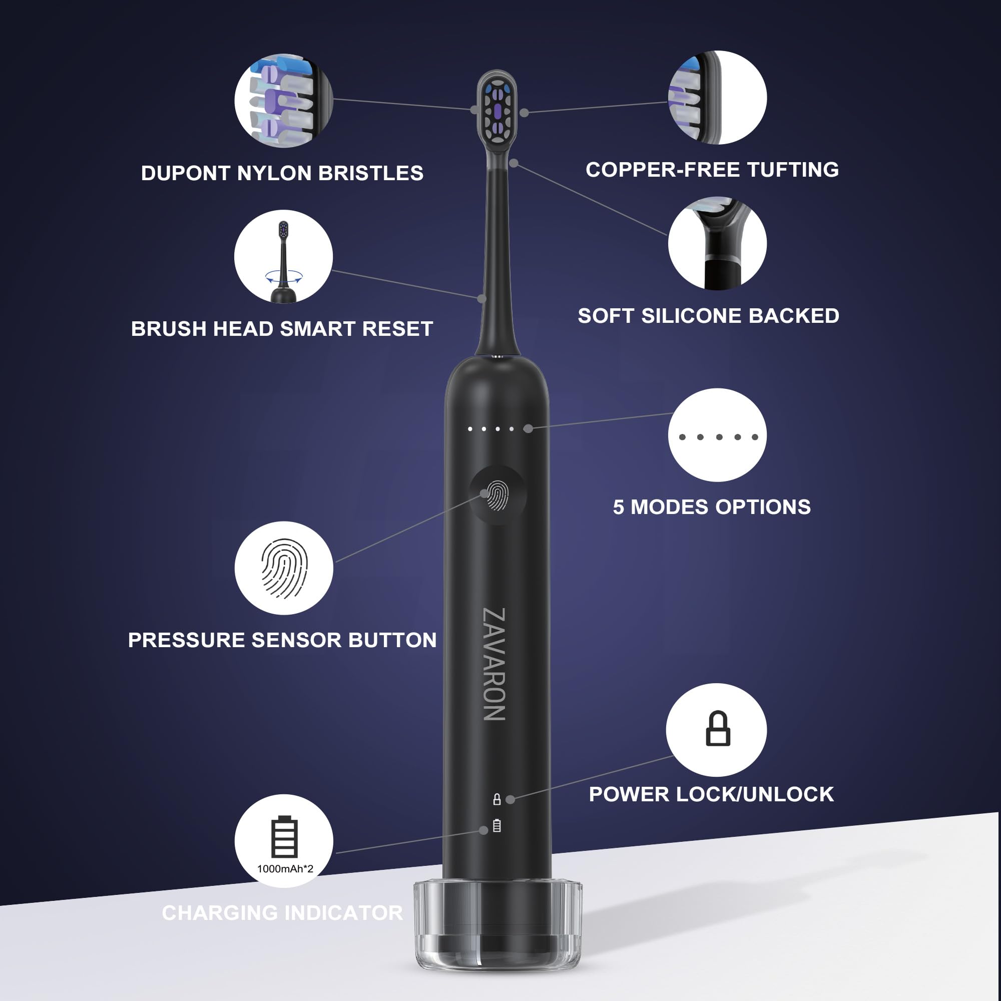 Sonic Spazzolino elettrico per adulti - Spazzolino da denti ricaricabile con 31.000 VPM e 180 oscillazioni/min, 5 modalità, modalità volo, 6 testine, custodia da viaggio, caricabatterie base