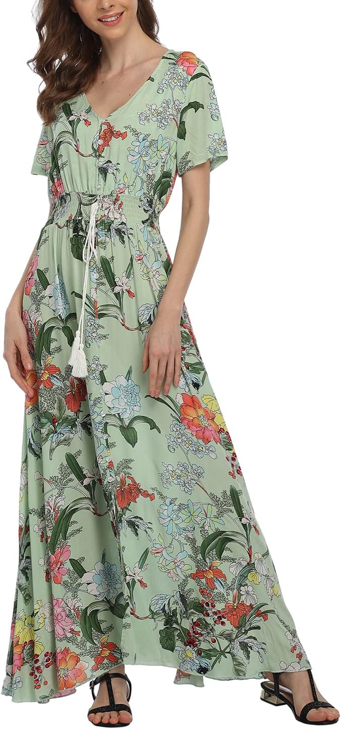Women's Boho Floral Maxi Dress Summer Button Up Split Flowy Beach Party Dress - Image 3