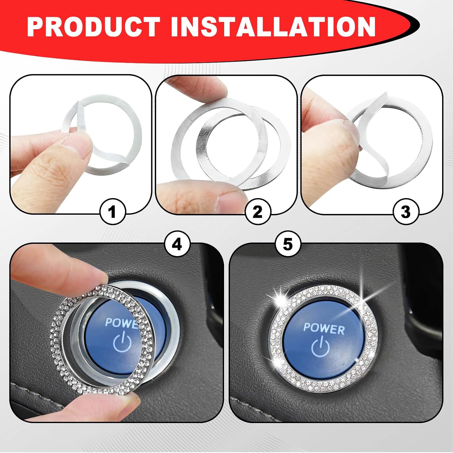 Sparkly Bling Car Engine Start Button Cover, Car Interior Decoration Ignition Button Cover, Rhinestone Crystal Push Start Stop Button Ring, Key Ignition Starter Bling Car Accessories (2 pcs White)