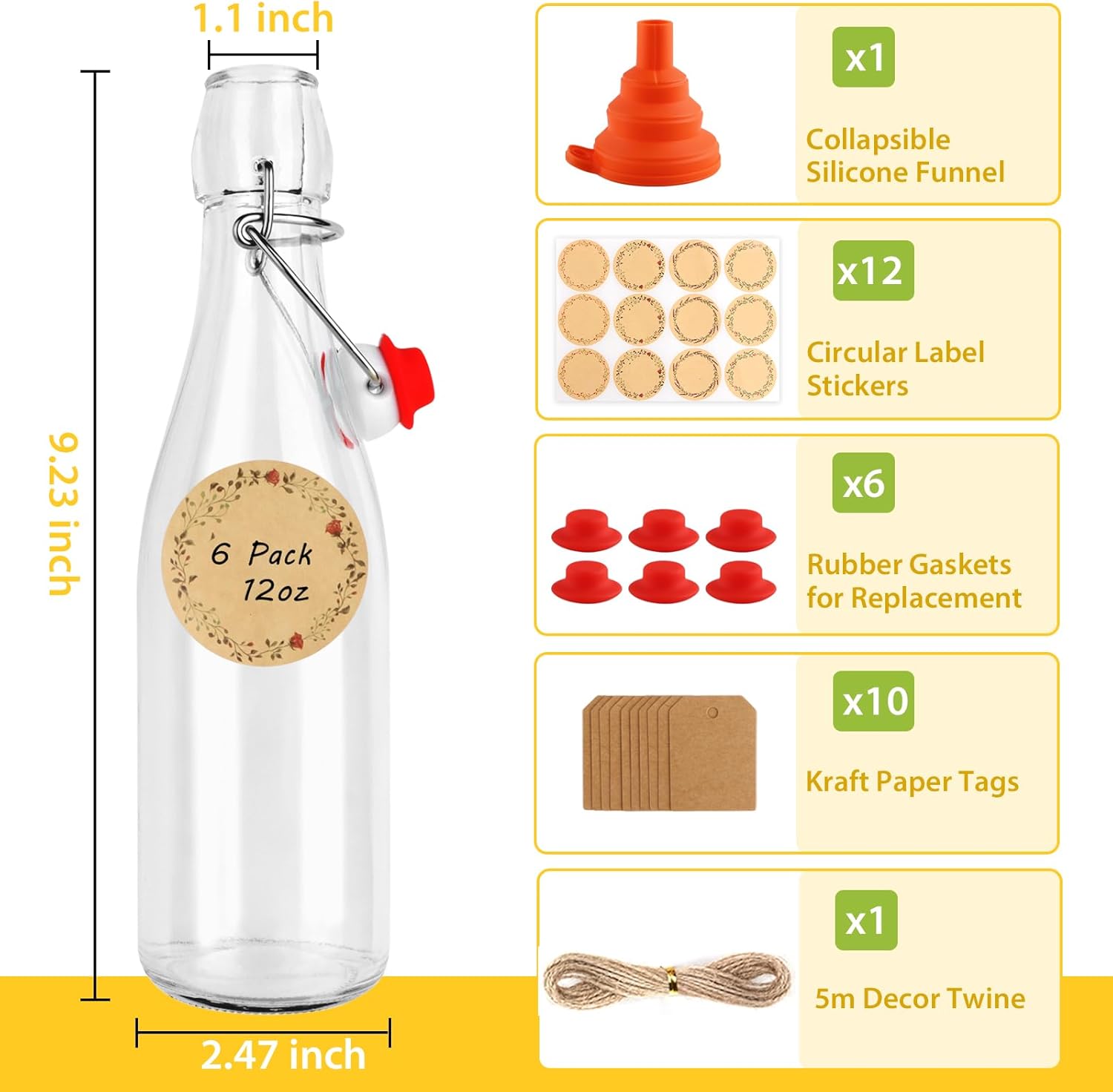 6 Pack 12 oz Swing Top Glass Bottles, 375 ML Flip Top Brewing Bottles with Airtight Stopper for Vanilla Extract, Kombucha, Beer, Kefir, Mead - Image 2