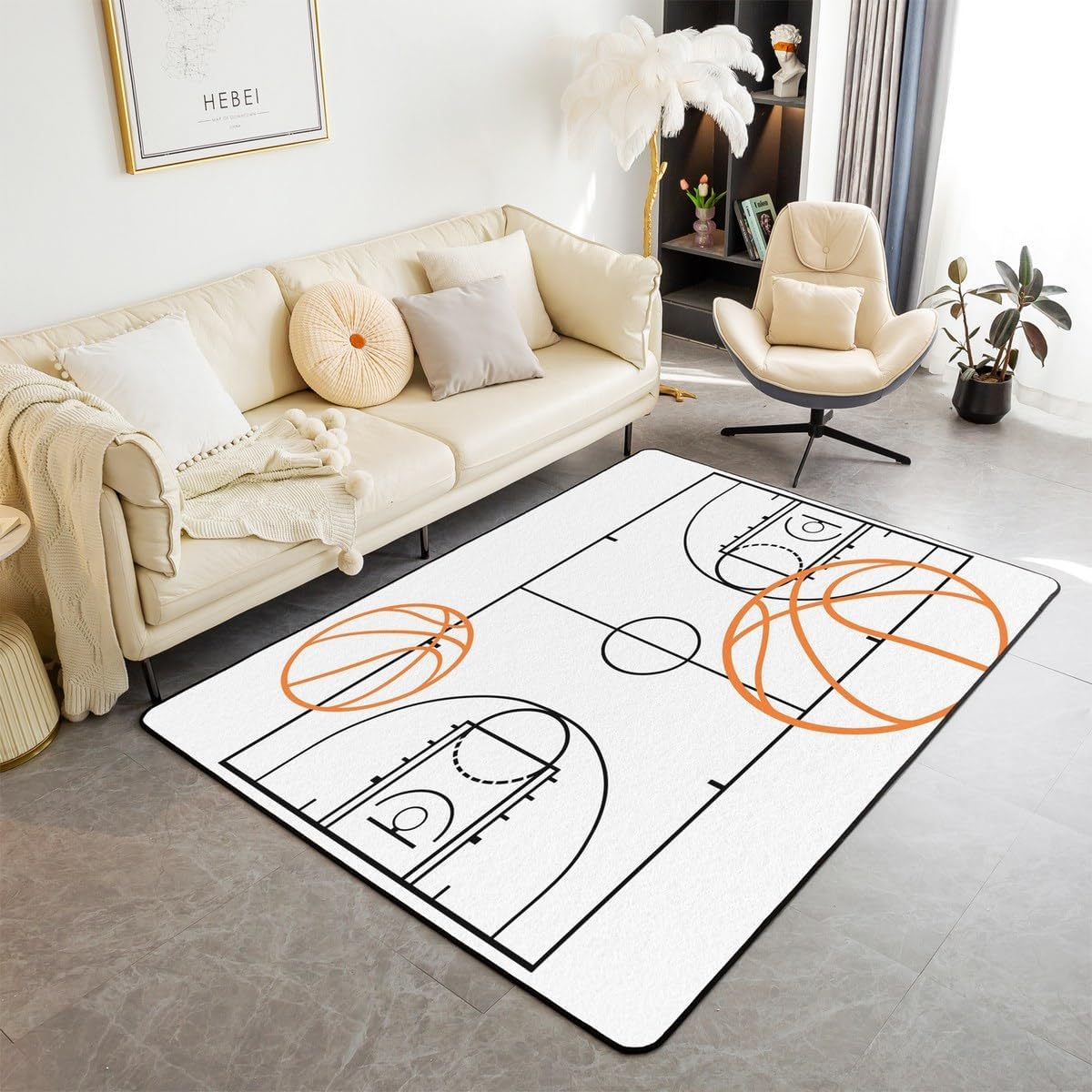 Feelyou Basketball for Kids Boys Girls Basketball Court Decorative Rug Area Rug 3x5 Grey Living Room Rugs Decor Sport Indoor Floor Mat