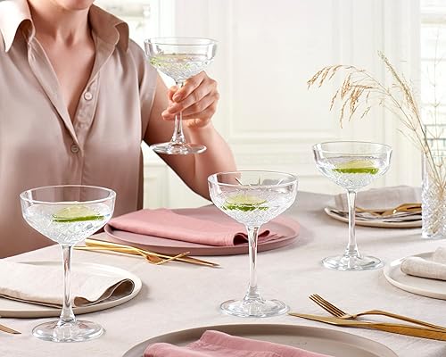 Vista 12 de Pasabahce Juego de 4 vasos cupé vintage de alta calidad, extra grandes, exclusivos, ginebra, vino, cóctel, copas de champán, diseño de cristal