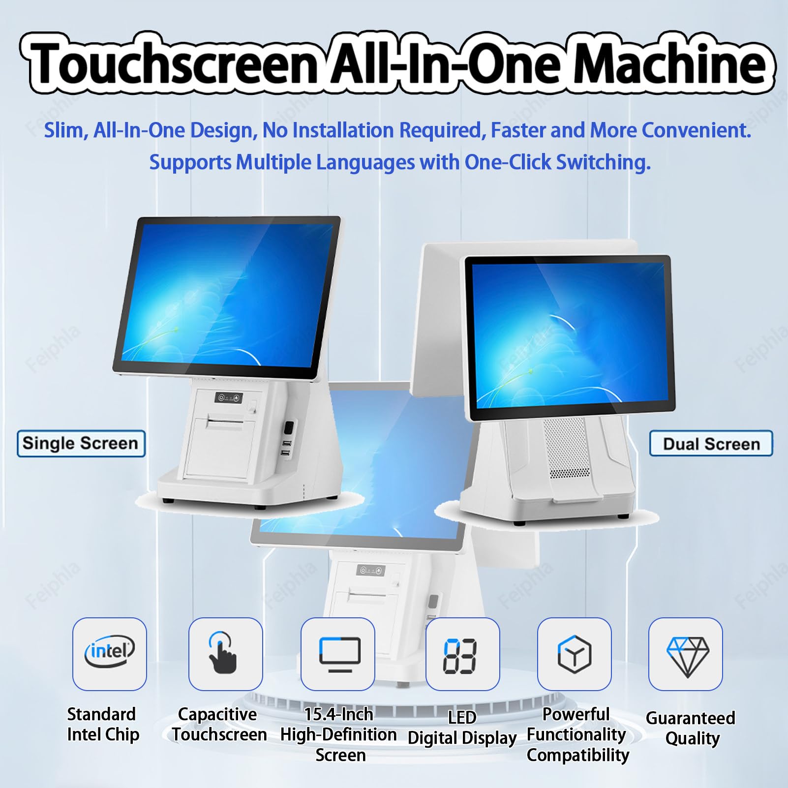 Caisse Enregistreuse Professionnelle,Ordinateur De Caisse Tactile,Ordinateur De Caisse Tactile,avec 15.6" éCran Tactile, pour Petites Entreprises DualScreen-A（80mm）