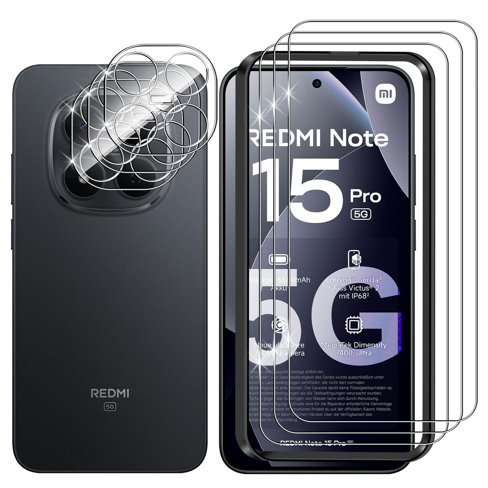 Lutree Verre Trempé pour Xiaomi Redmi Note 15 Pro 5G, 3+3 Pièces Protection écran + Caméra Arrière Protecteur Film, 9H Dureté HD Anti-Rayures Sans Bulles Vitre Trempé Protecteurs d'écran