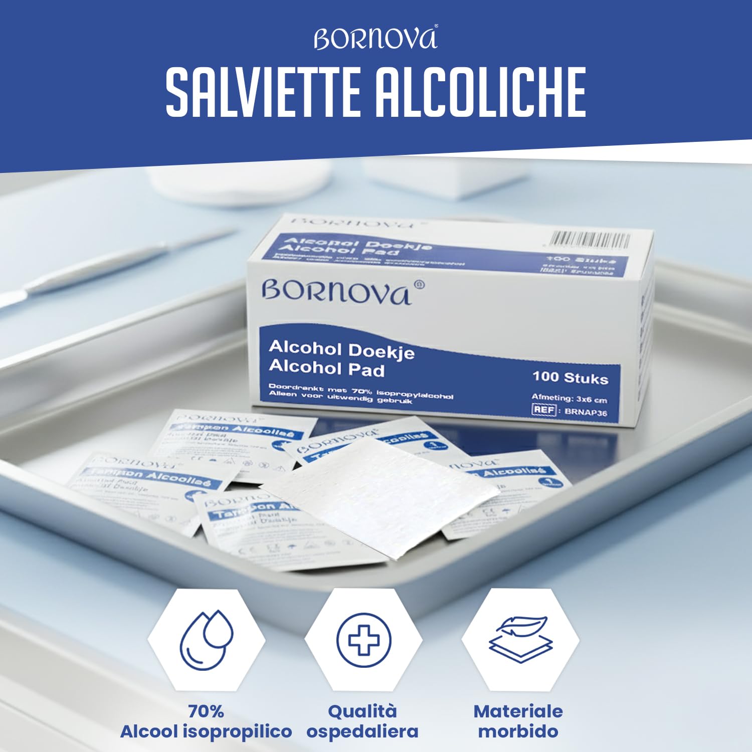 100 PZ – Tamponi impregnati alc.70 – Salvietta 3x6 cm per pulizia della pelle e degli oggetti – Monouso – BORNOVA