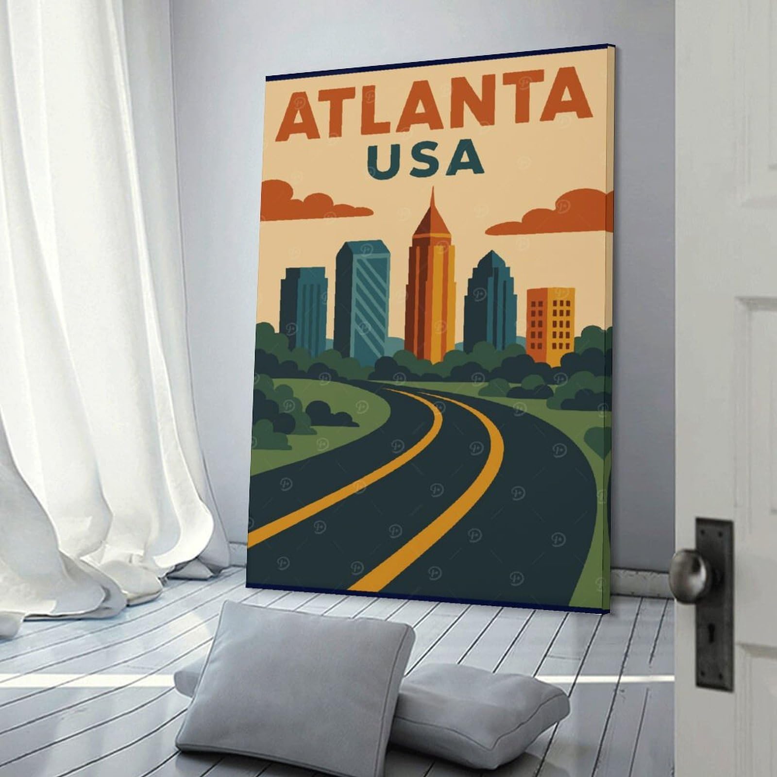 Junmoney Atlanta USA Travel Hanging Wall Art 24x36inch(60x90cm), for Restful Interiors, Bedrooms Or Small Rooms, Home Artwork with A Soft Interior Feel