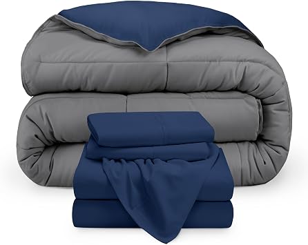 Bare Home Reversible Bed-in-A-Bag Comforter & Sheet Set - Queen - Down Alternative - Soft - Bedding Set (Queen, Dark Blue/Grey, Dark Blue)