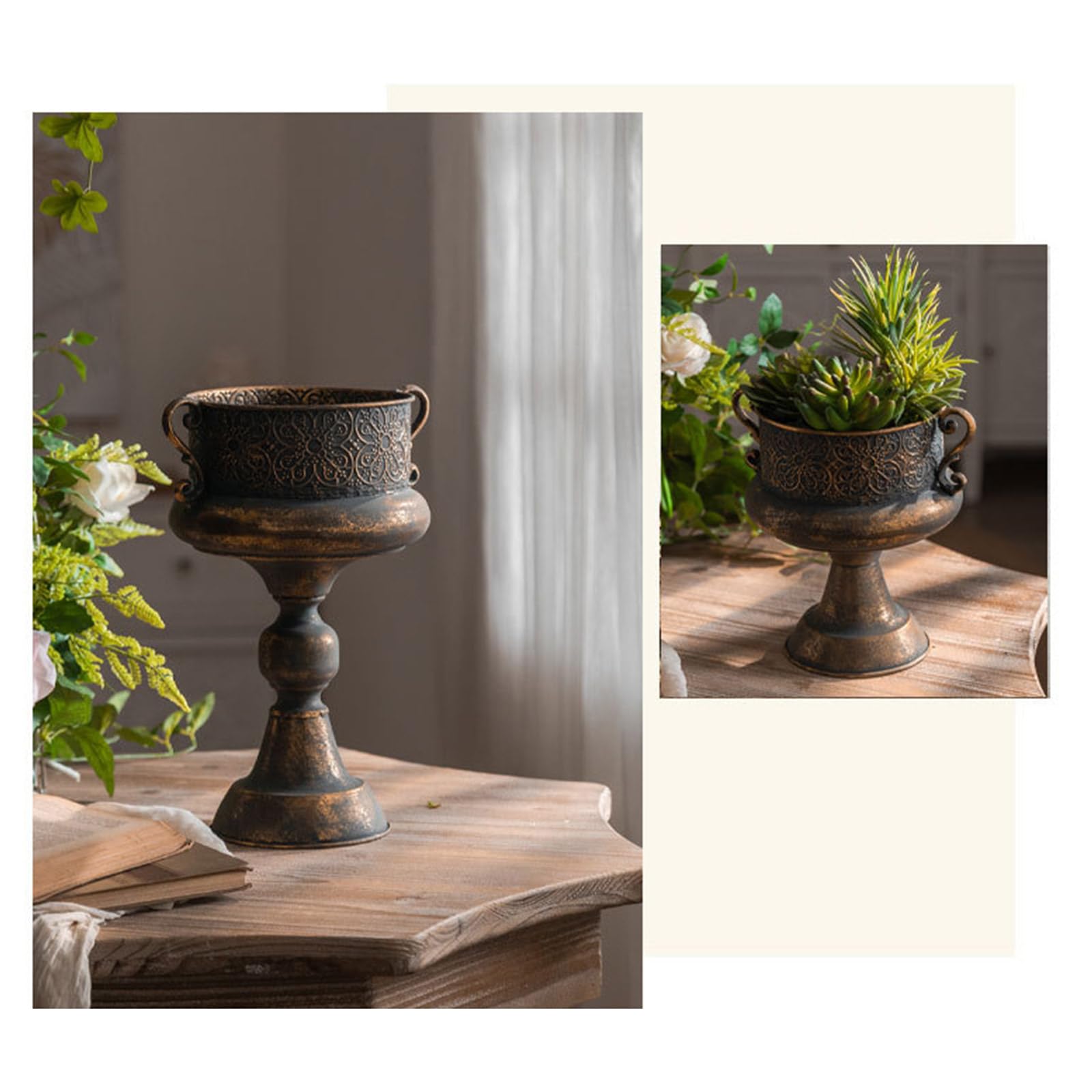 Pflanzgefäß aus geprägtem Eisen, runder antiker Blumentopf für den Innen und Außenbereich, Garten und Heimdekoration, Fotografie Vase