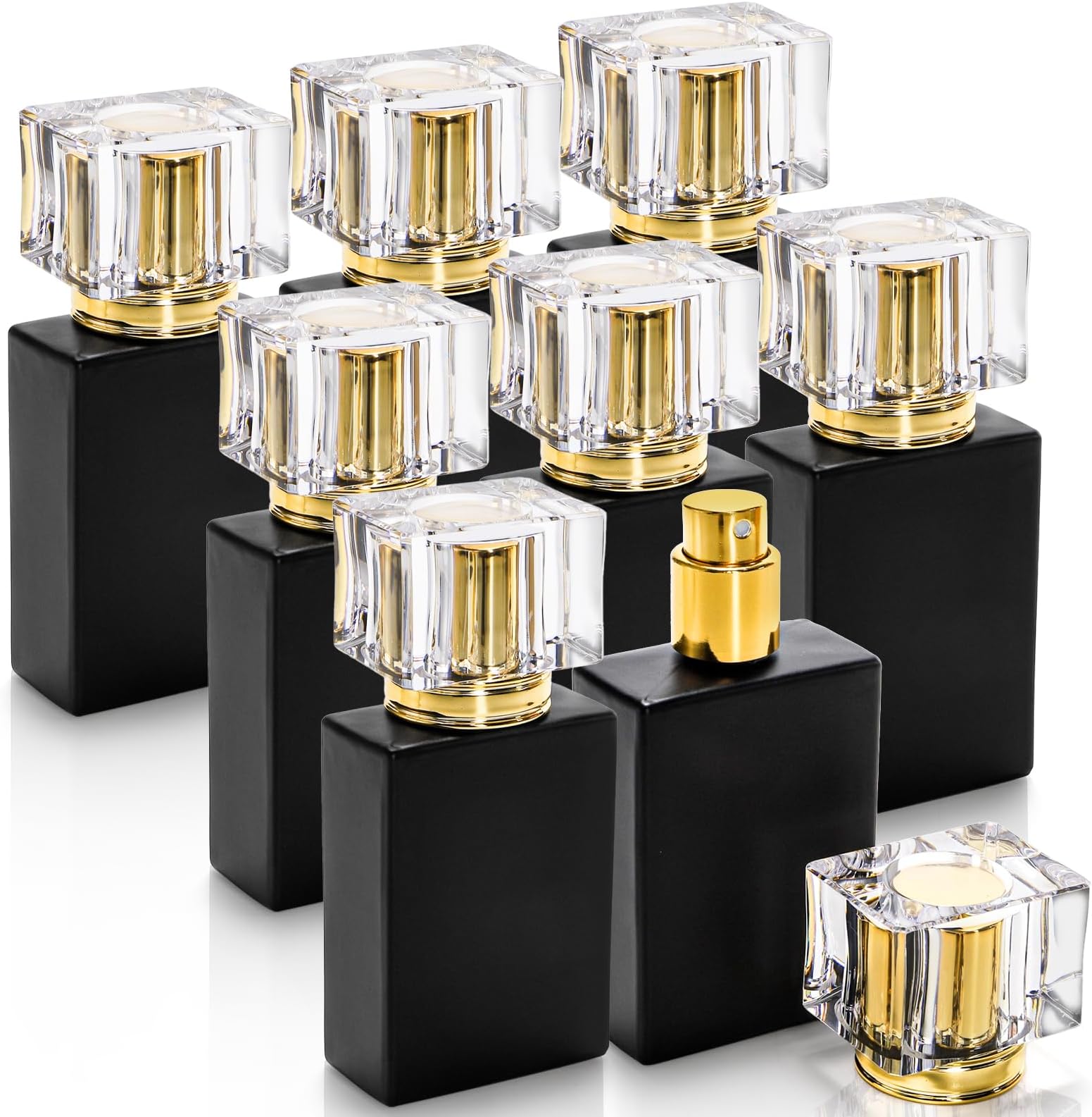 Foraineam 8 Pack 30ml / 1 oz. Black Refillable Perfume Bottles, Portable Square Empty Glass Perfume Atomizer Bottle with Spray Applicator