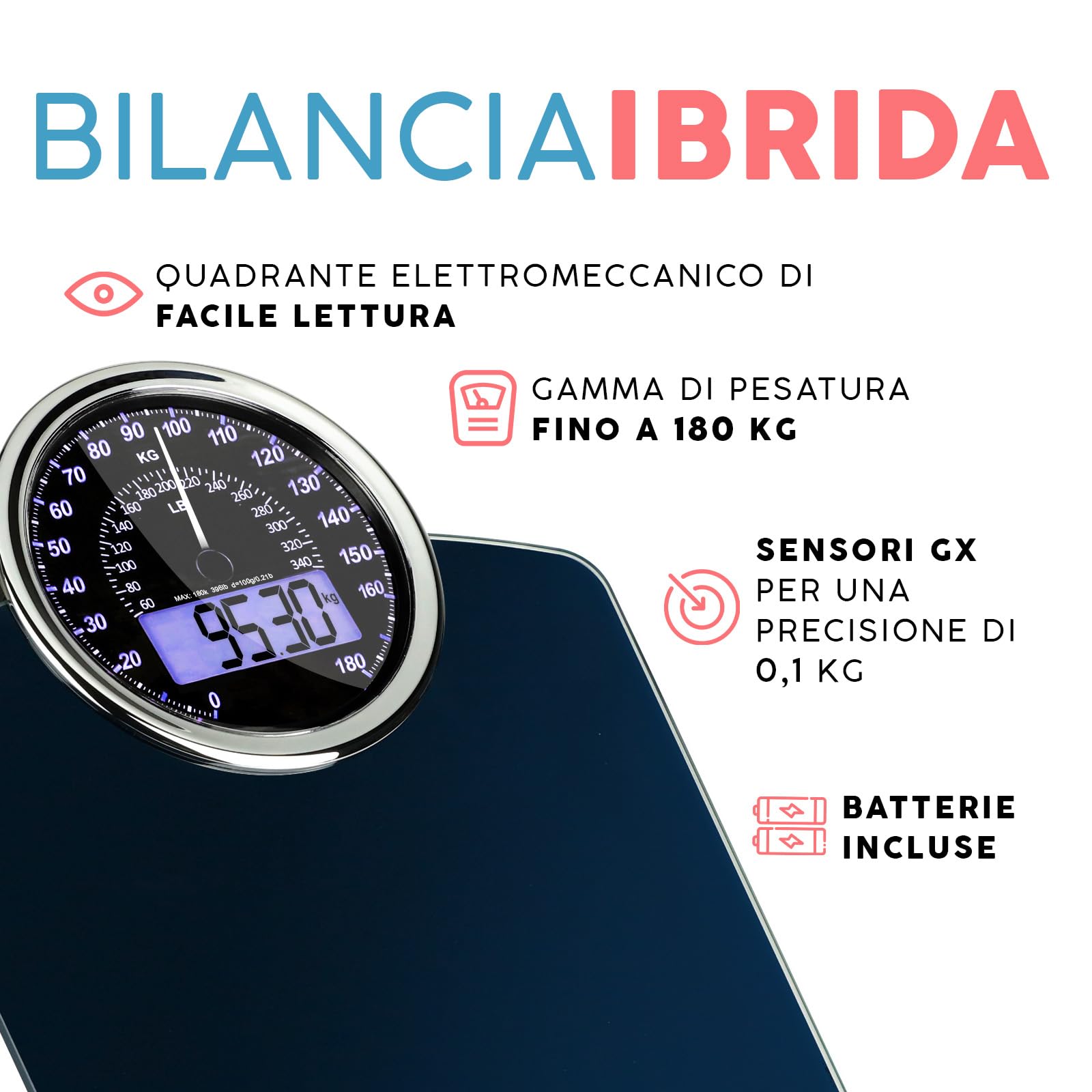 Adamson Hybrid Bilancia Pesapersone Digitale - 2-in-1 Analogica & Digitale fino a 180 kg, Display LCD Retroilluminato, Piattaforma in Vetro Temperato, 3 Batterie AAA Incluse