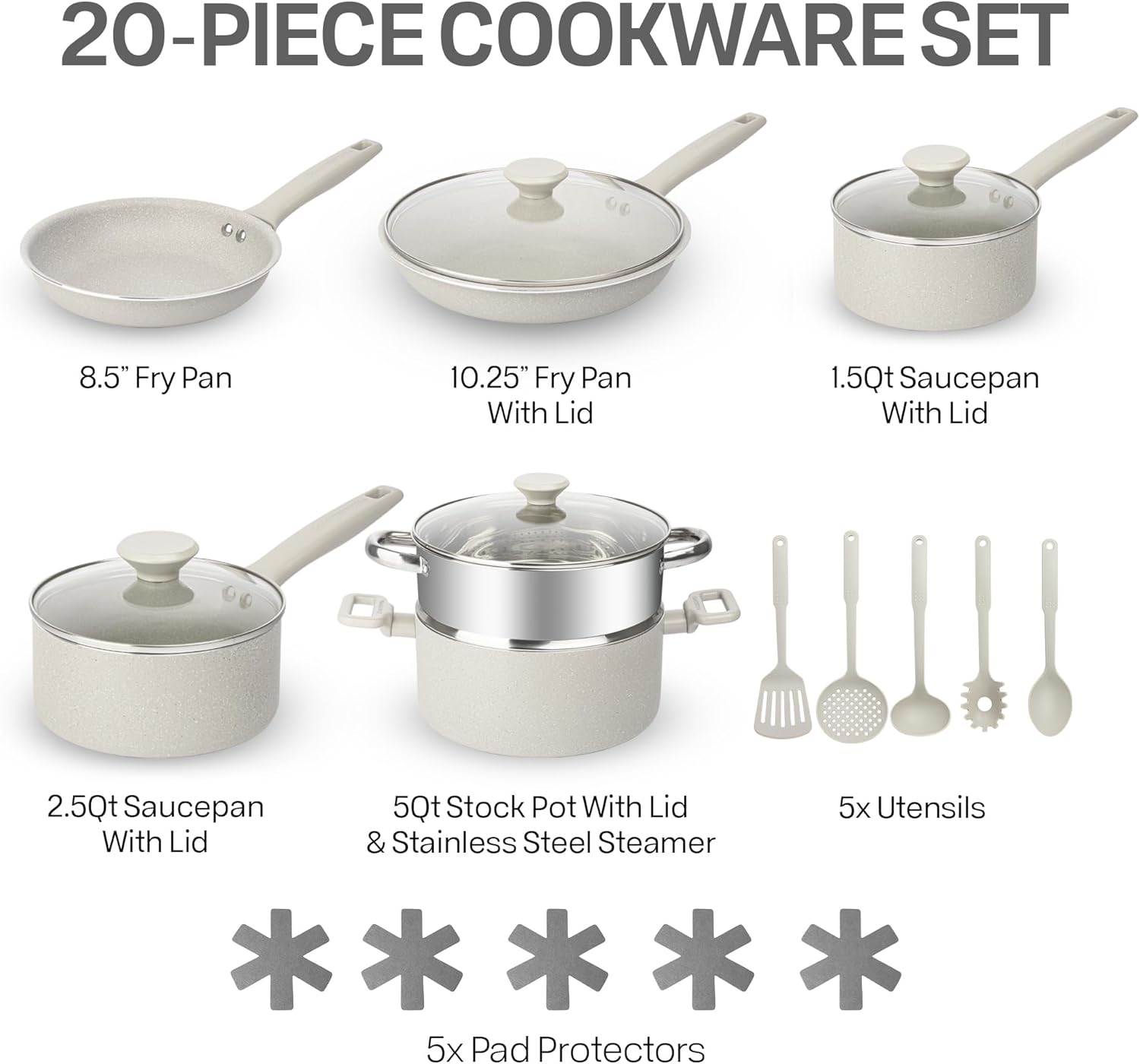 Granitestone 20 Pc Pots and Pans Set Non Stick Cookware Set with Steamer, Cooking Utensils Set and Pad Protectors, Stay Cool Handles, Non Toxic PFOA PFOS Free, Oven and Dishwasher Safe