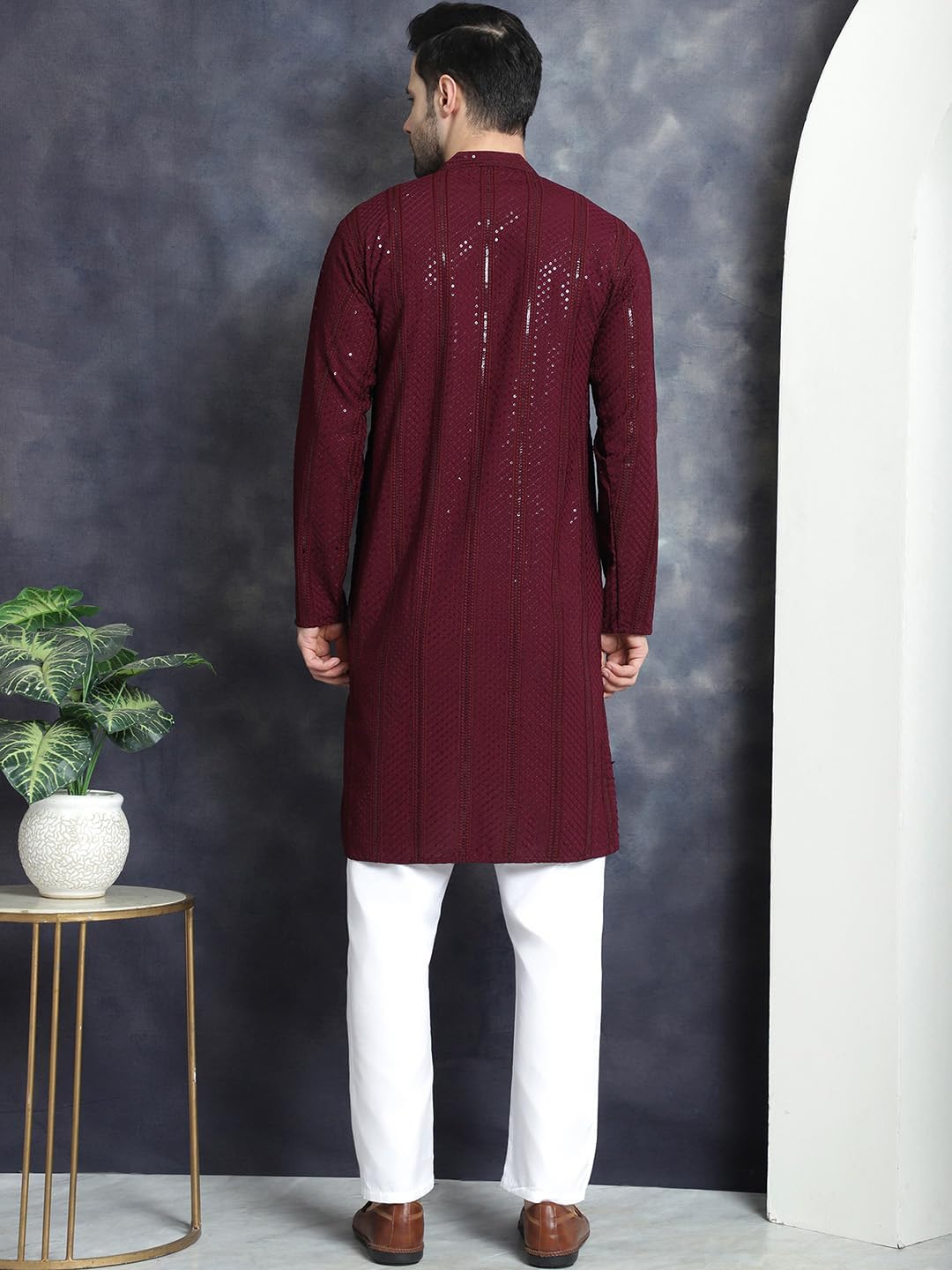 Maple Clothing Sequined Men's Kurta Pajama Set Rayon Chikankari Indian Wedding Outfit Bollywood