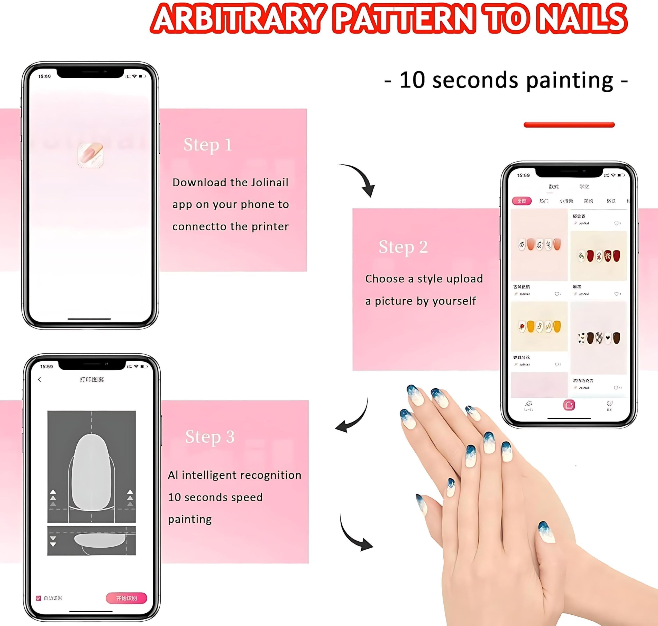 Macchina per stampante per unghie, stampante per unghie intelligente 10s per salone di casa, stampa gel personalizzata controllata da APP wireless WiFi, kit manicure fai-da-te con 4800 dpi per donne