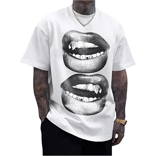 GORGLITTER Men's Lip Pattern Graphic Tees Loose Short Sleeve Crewneck T Shirts Streetwear Top