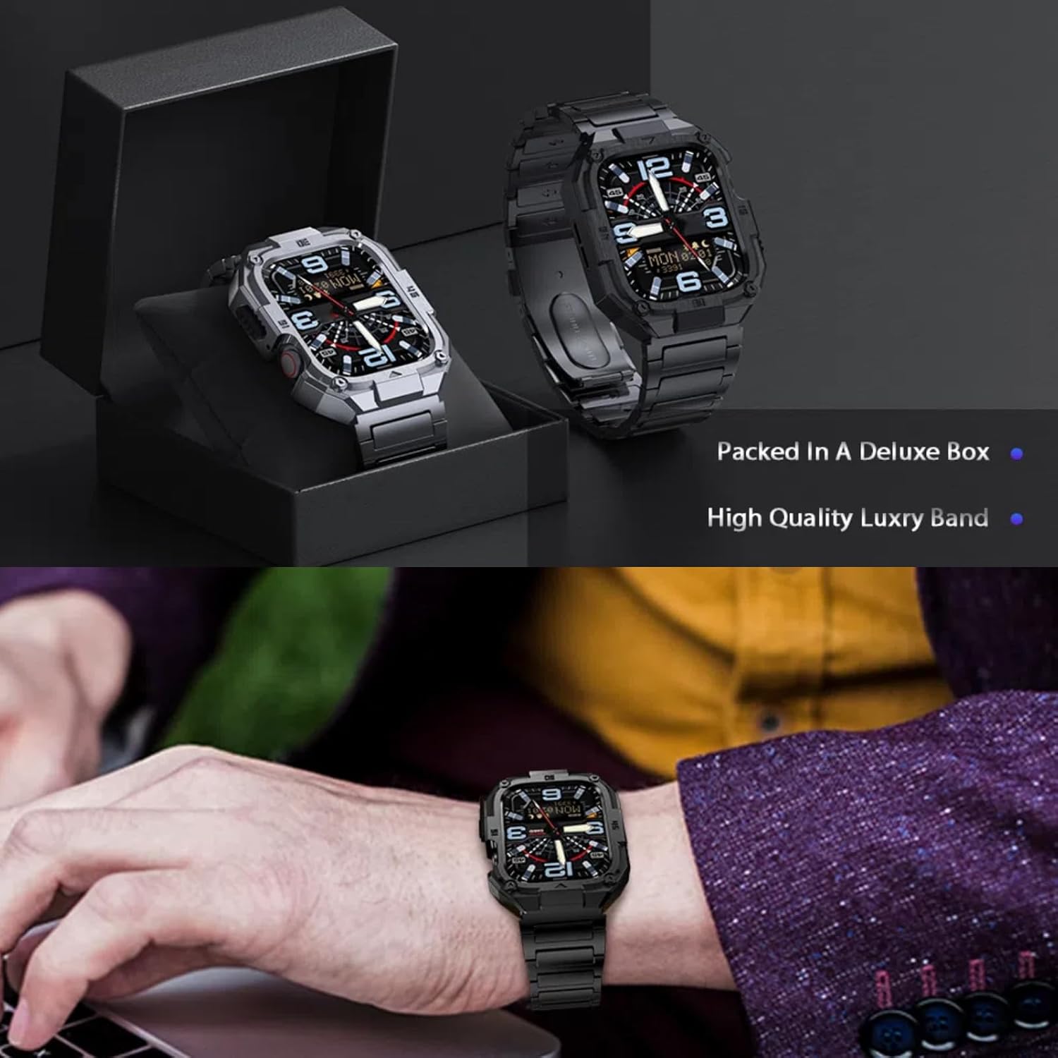 Mechanical Metal Watch Case with Band Compatible with Apple Watch Series 11/10 46mm Band,Rugged Military Stainless Steel Protective Bumper Cover,Tough Business iwatch Band Strap for Men,Gold - Image 9