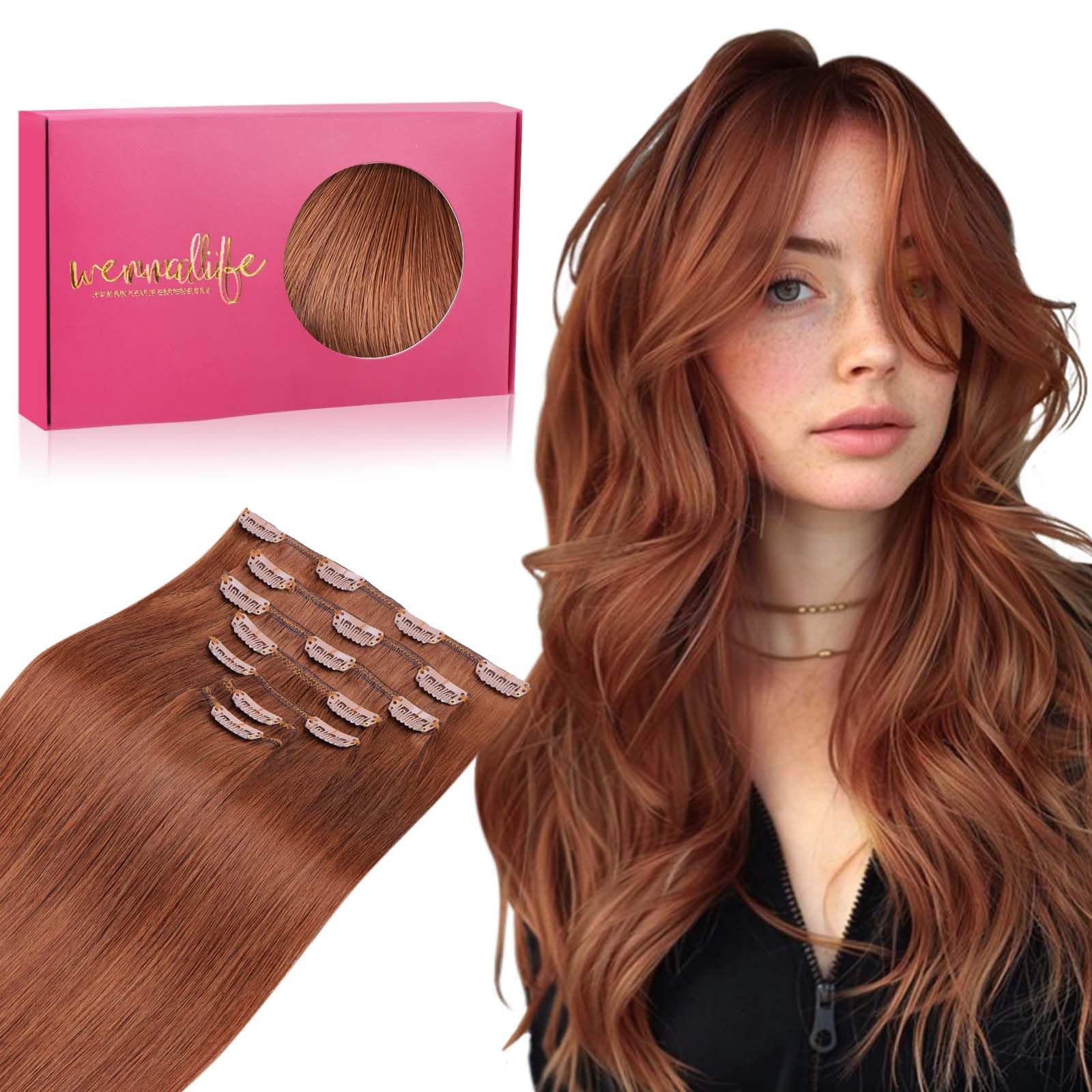 WENNALIFE Clip in Hair Extensions Real Human Hair, 16 Inch 120g 7pcs Clip in Hair Extensions Real Human Hair, Cinnamon Copper Human Hair Clip in