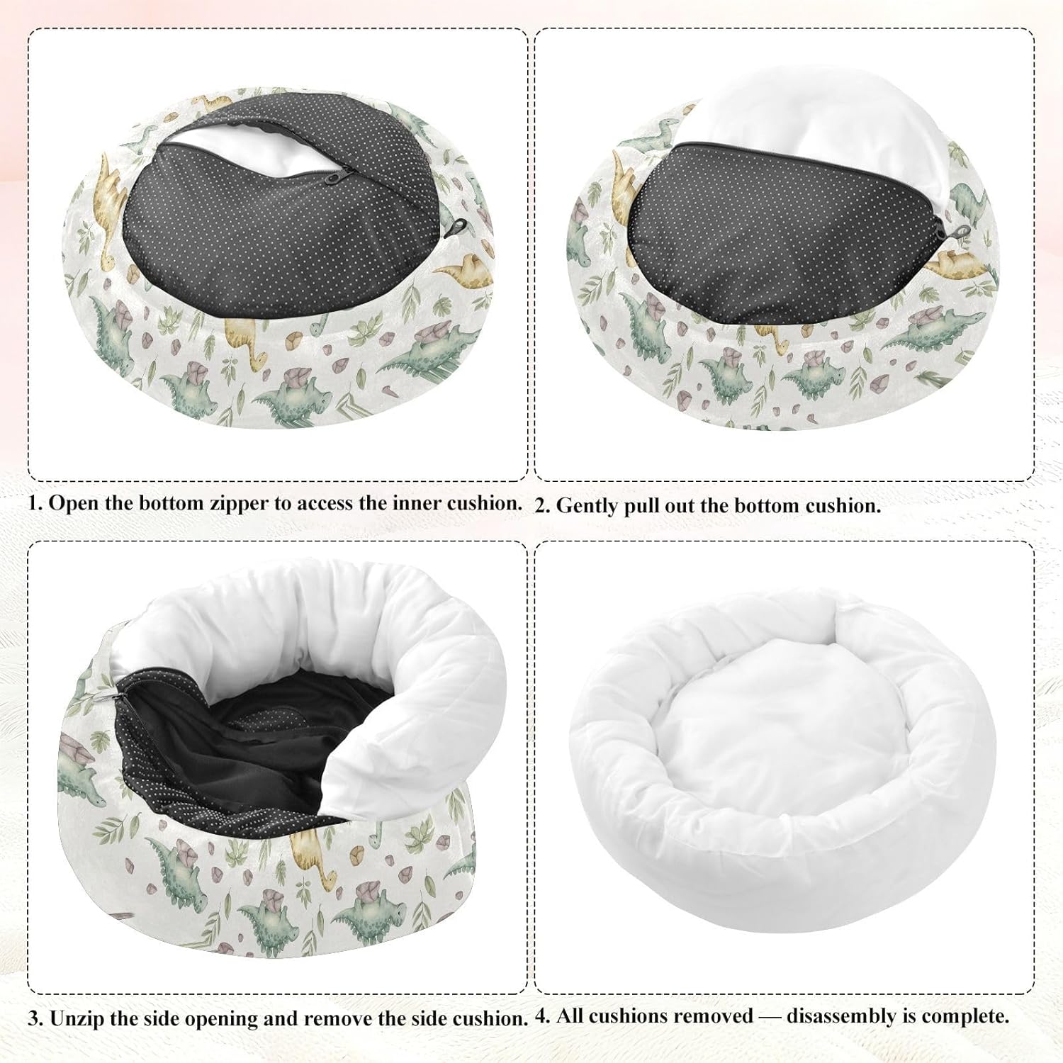 Dinosaurs Rocks White Pattern Dog Bed Round Donut Washable Puppy Cat Bed Small Pet Medium Dog Beds Mat for Dogs Cats Non Slip Soft,M