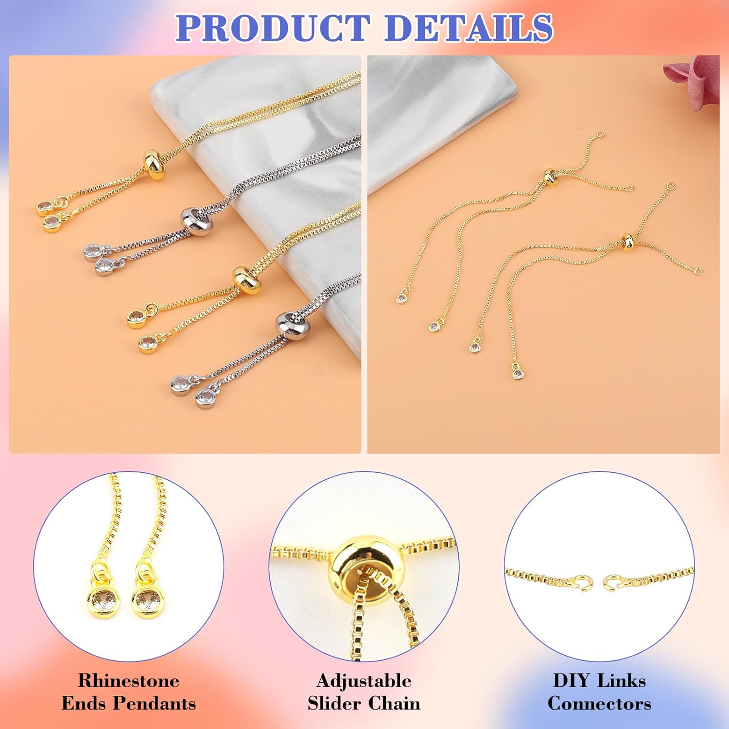 4PCS Adjustable Slider Bracelet Chains for Jewelry Making Rhinestones Ends Extender Chains Silver Adjustable Bracelet Chain for Women DIY Necklace Jewelry Craft Supplies - Image 3