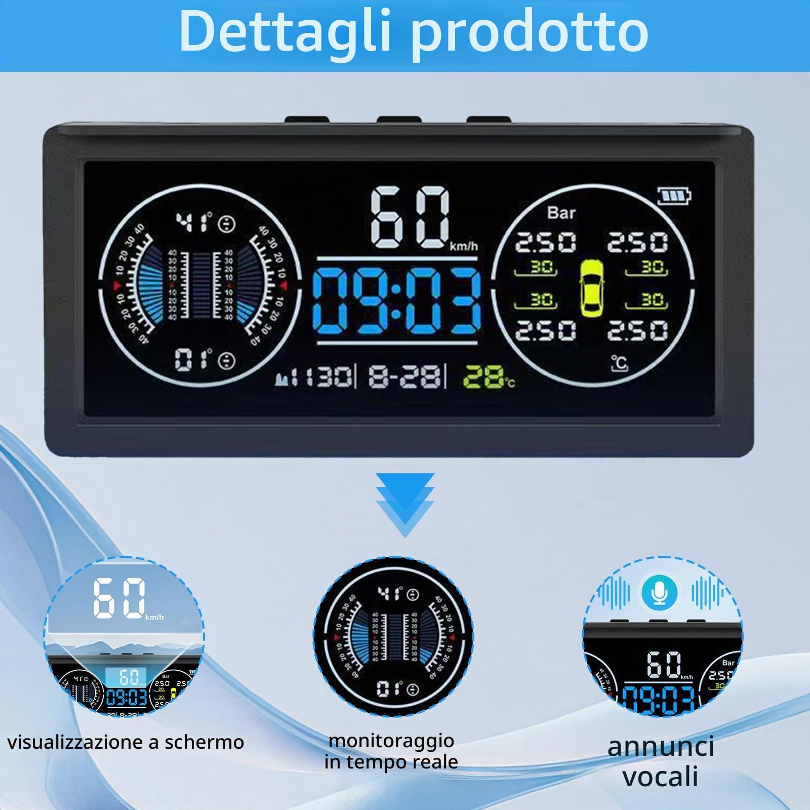 Sistema multifunzionale di monitoraggio della pressione dei pneumatici, TPMS con 4 sensori esterni, ricarica solare, monitor di velocità universale con display LCD a colori, 9,9 BAR/199 PSI