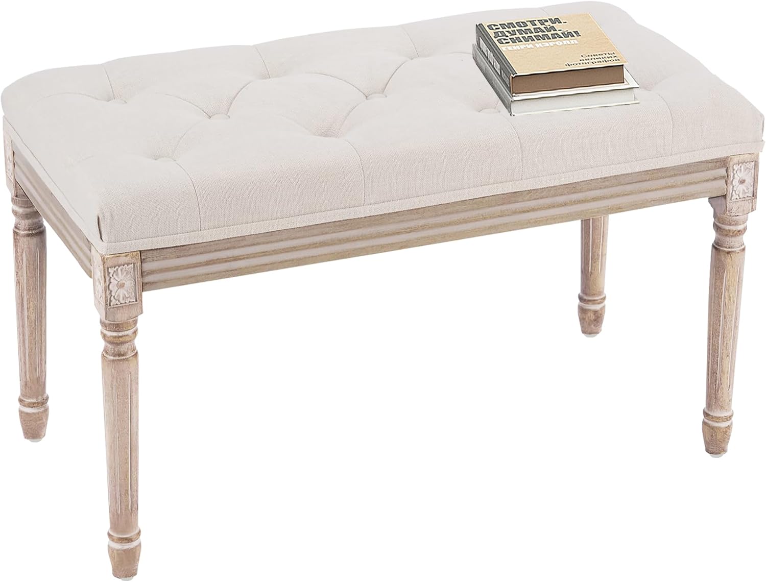 Yusong Upholstered Bench,Bedroom Bench for End of Bed,Piano Bench Dining Bench Entryway Shoe Bench with Button Tufted Padded Seat for Living Room, Vanity Bench Foot-Stool with Carved Wood Legs,Beige 31.50''*15.75''*18.89'' Beige