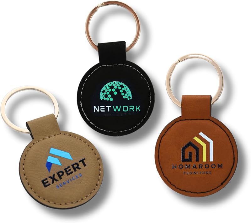 Llavero de cuero personalizado: logotipo comercial impreso con UV a todo color | Artículos promocionales personalizados con su logotipo, suministros para agentes inmobiliarios, obsequios de agradecimiento a los empleados a granel, obsequios corporativos para clientes hechos a mano en los EE. UU.