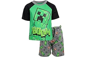 Cozy Minecraft Pajamas: Creeper Tee and Soft French Terry Shorts for Boys