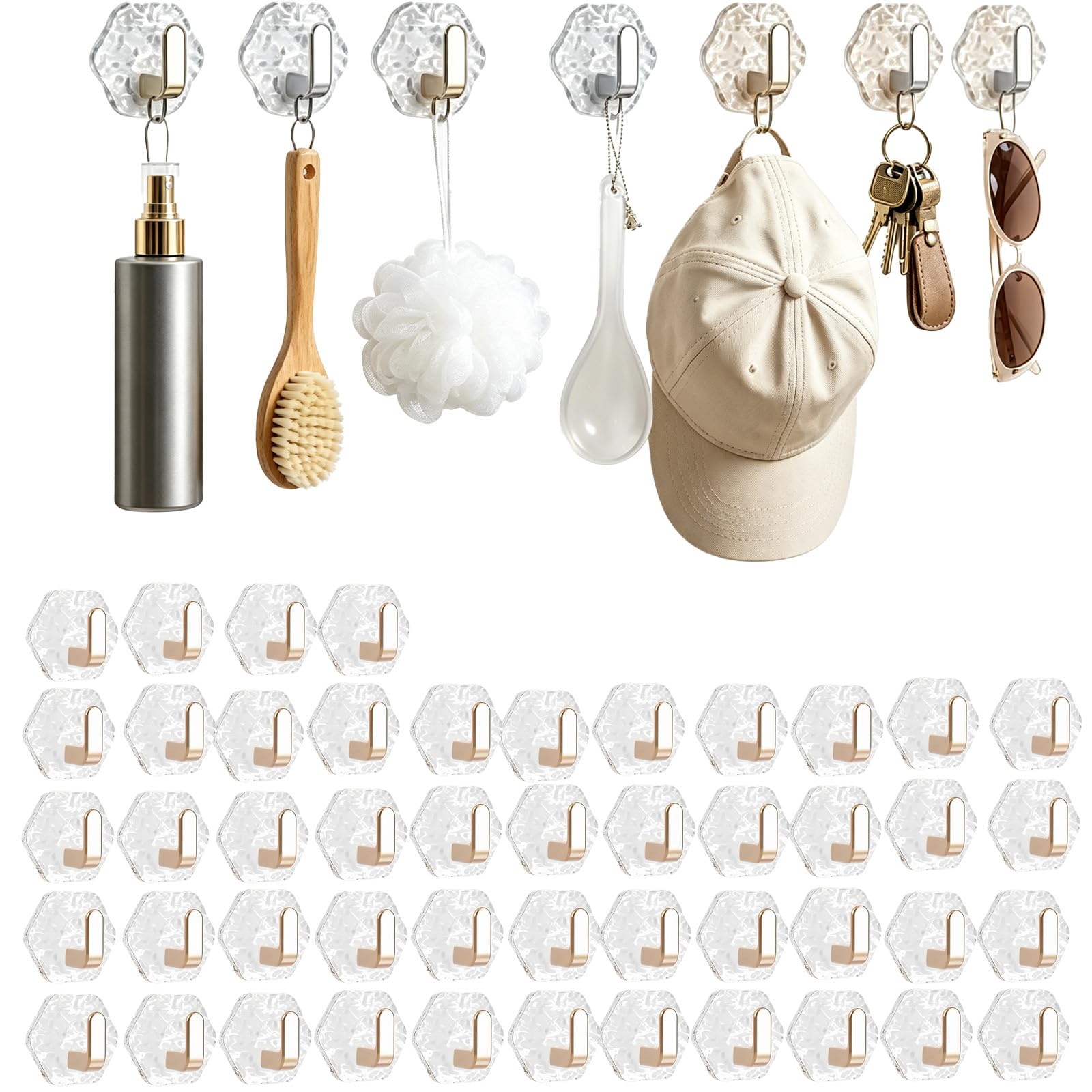 Dawhare Water Ripple Hexagonal Self Adhesive Hooks, Transparent Wall Hanging Luxury Key Hook, Heavy Duty Waterproof Adhesive for Towels, Keys & Home Decor (48golden)