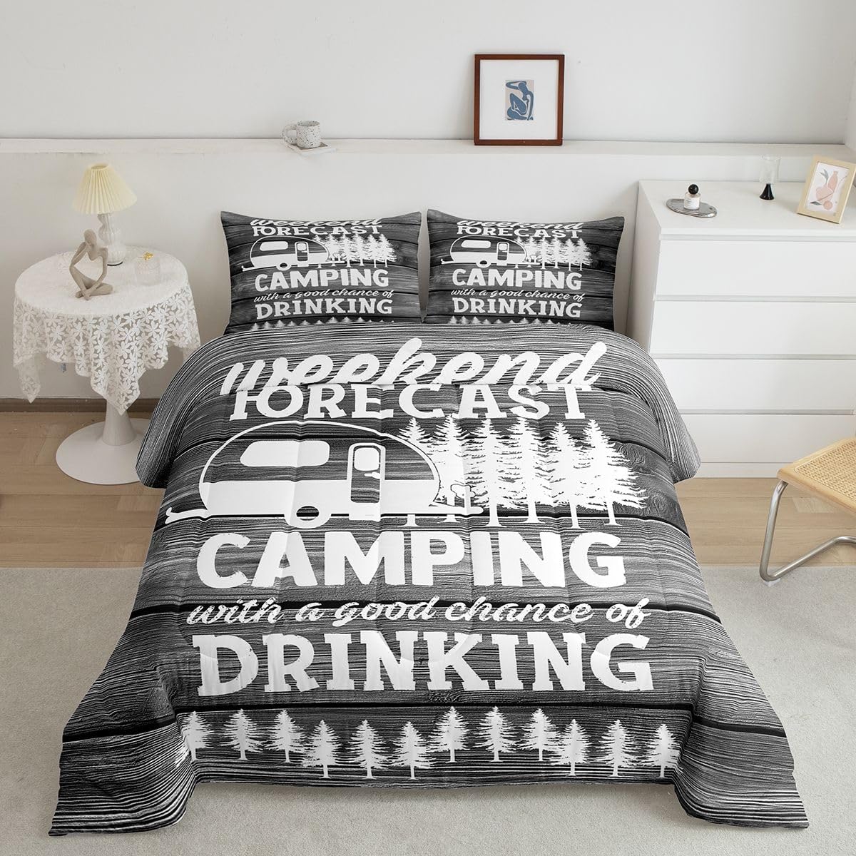 Erosebridal Funny Camper Decor Comforter Set Queen Size, Farmhouse Rustic Camping Bedding Set Grey White Barn Door Down Comforter Cabin Decor Wooden Planks Duvet Insert 3 Pcs with 2 Pillow Cases