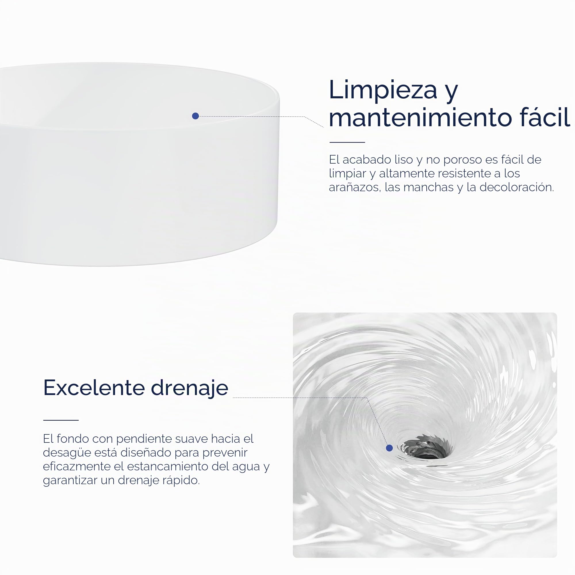 Fregadero redondo de cerámica de Eridanus, lavabo de porcelana vítrea en blanco brillante para uso en encimera, lavabo redondo para tocadores, 415 x 415 x 150 mm