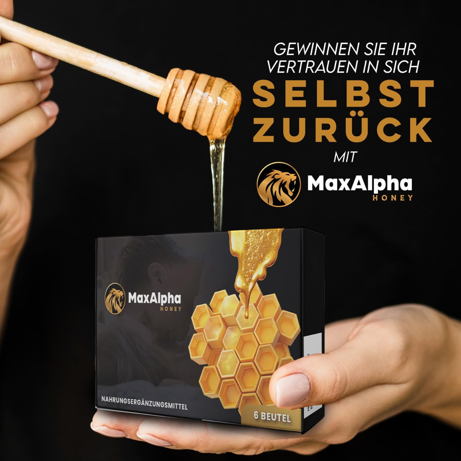 MaxAlpha Honey mit Ginseng-Extrakt & Vitamin B1 and B2 – 100% reiner Kräuterhonig | 6 Beutel à 15g | Natürliche Formel | Extra stark & sofortige Energie – Für aktive Männer & besondere private Momente