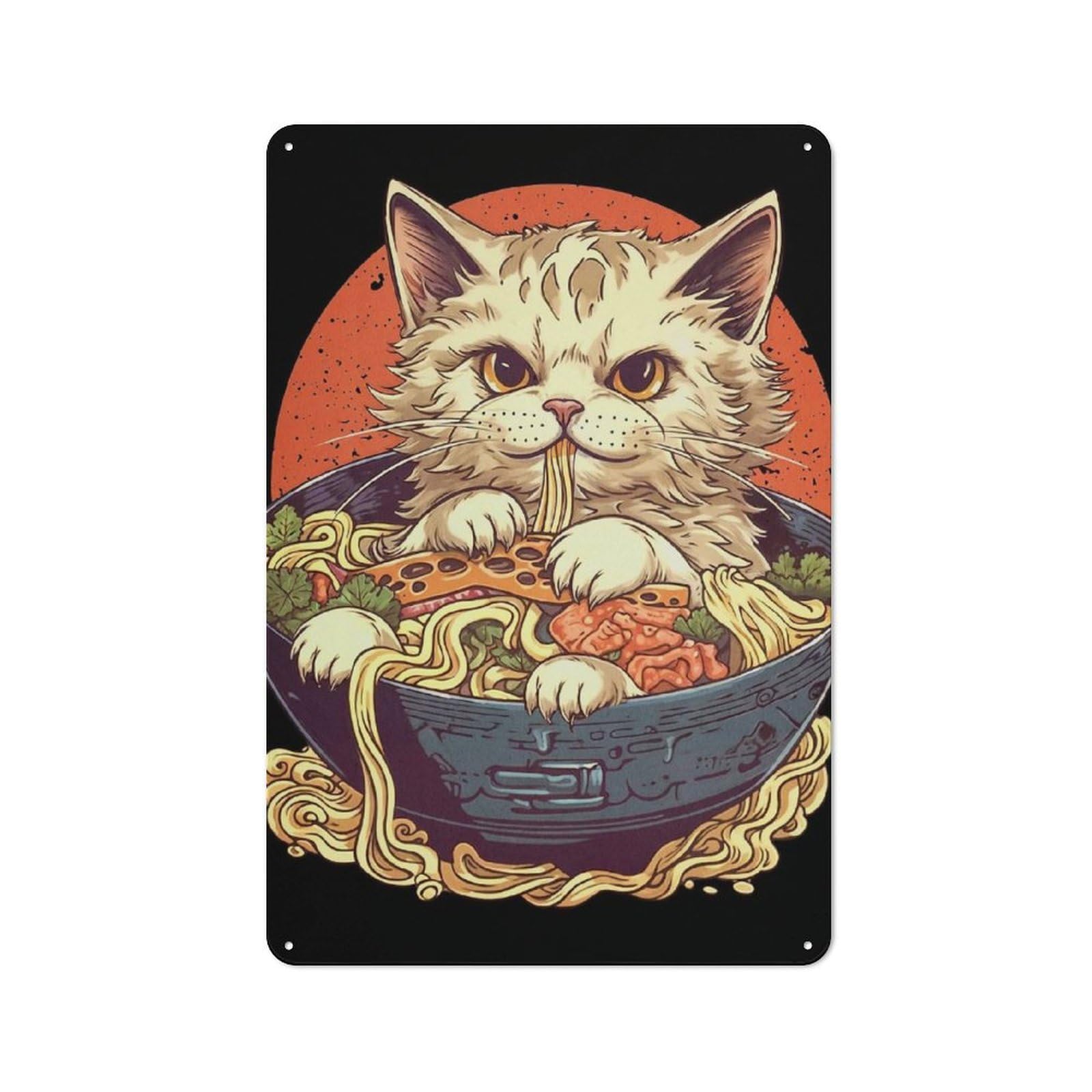 Junmoney Cat Ramen Japan Retro Metal Plaque 30X20cm For Café Or Home Bar, With Clear Retro Wall Decor Character