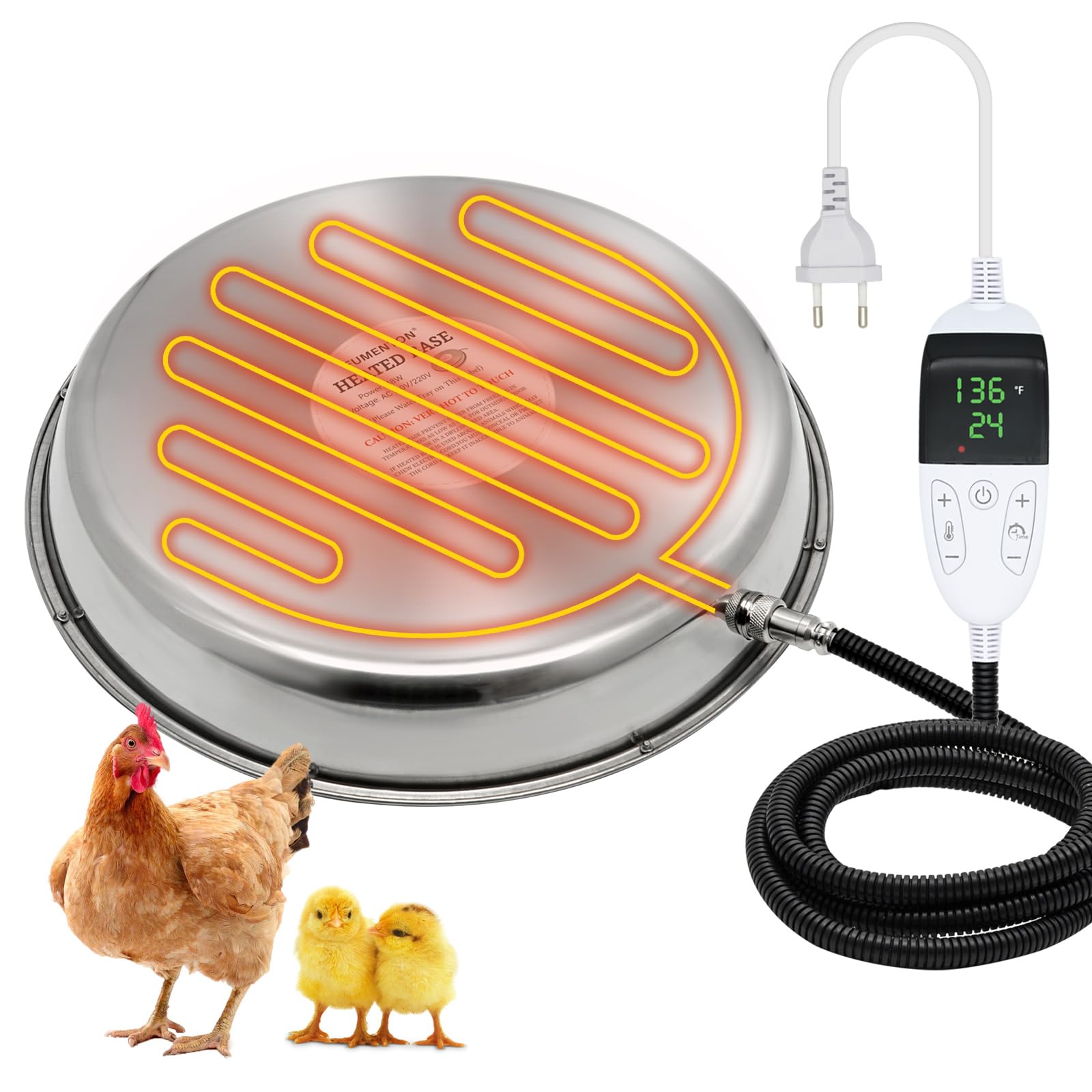 30cm Heizplatte für Geflügeltränke 55W Metal Hühnertränke Beheizte Basis Tränkenwärmer Geflügel mit Digital Temperturregler und Timer für Hühnerstall Farm (30cm)