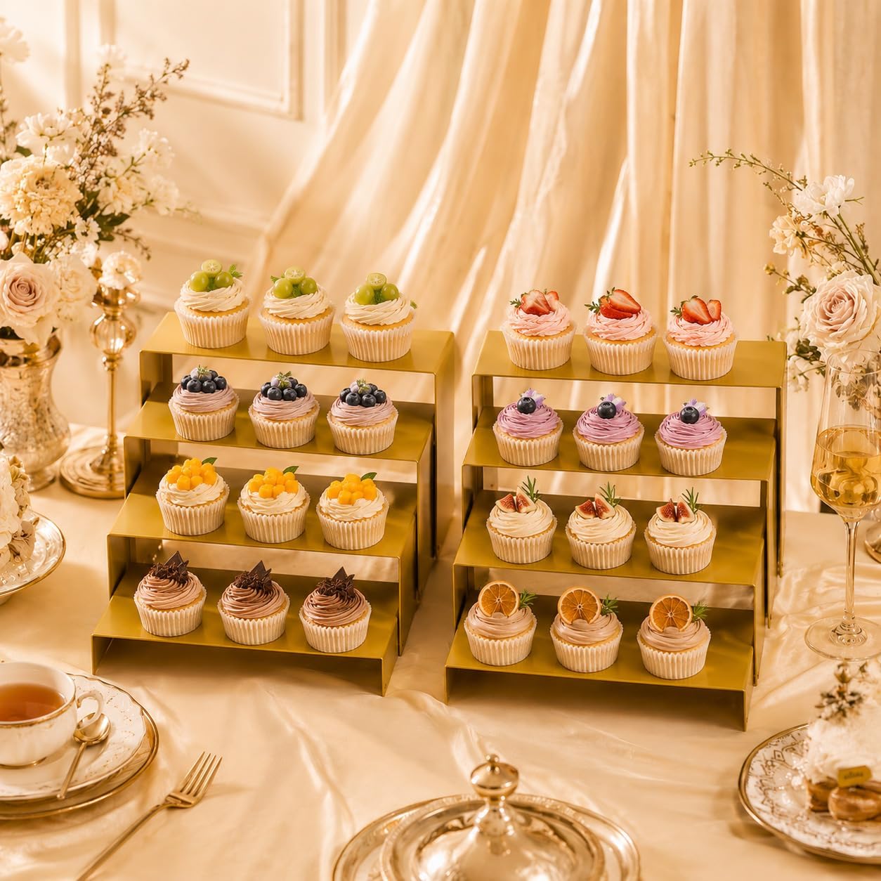 Gonice Metal Display Risers, 8 PCS Matte Gold Cupcake Stand, 4 Sizes Rectangular Gold Perfume Risers, Vendor Cupcake Display Risers, Doll Display Stands