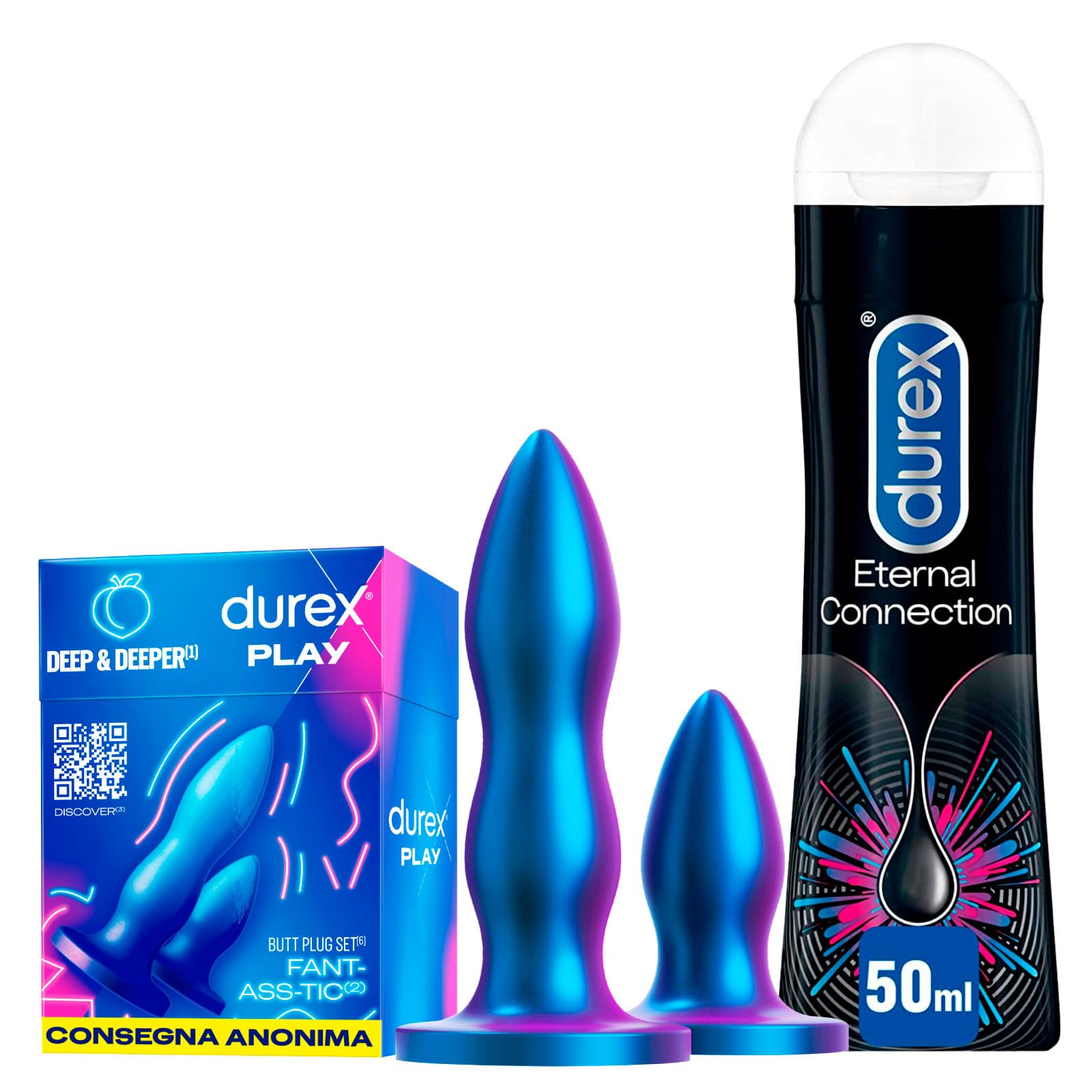 Durex Play Fant-ass-tic Deep e Deeper Set Plug Anale Unisex Flessibile e Morbido da 2 pezzi + External Connection Gel Lubrificante Intimo a Lunga Durata Flacone da 50ml - Set da 2 prodotti