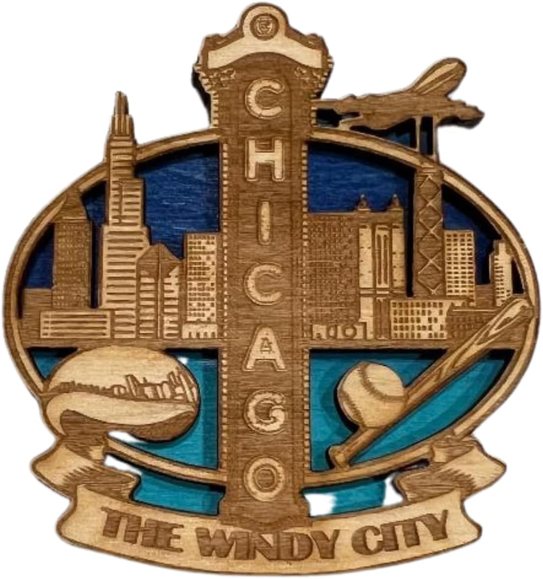 木彫り シカゴのお土産マグネット 風が強い街 ビーン、シカゴのスカイラインと野球が特徴 米国製