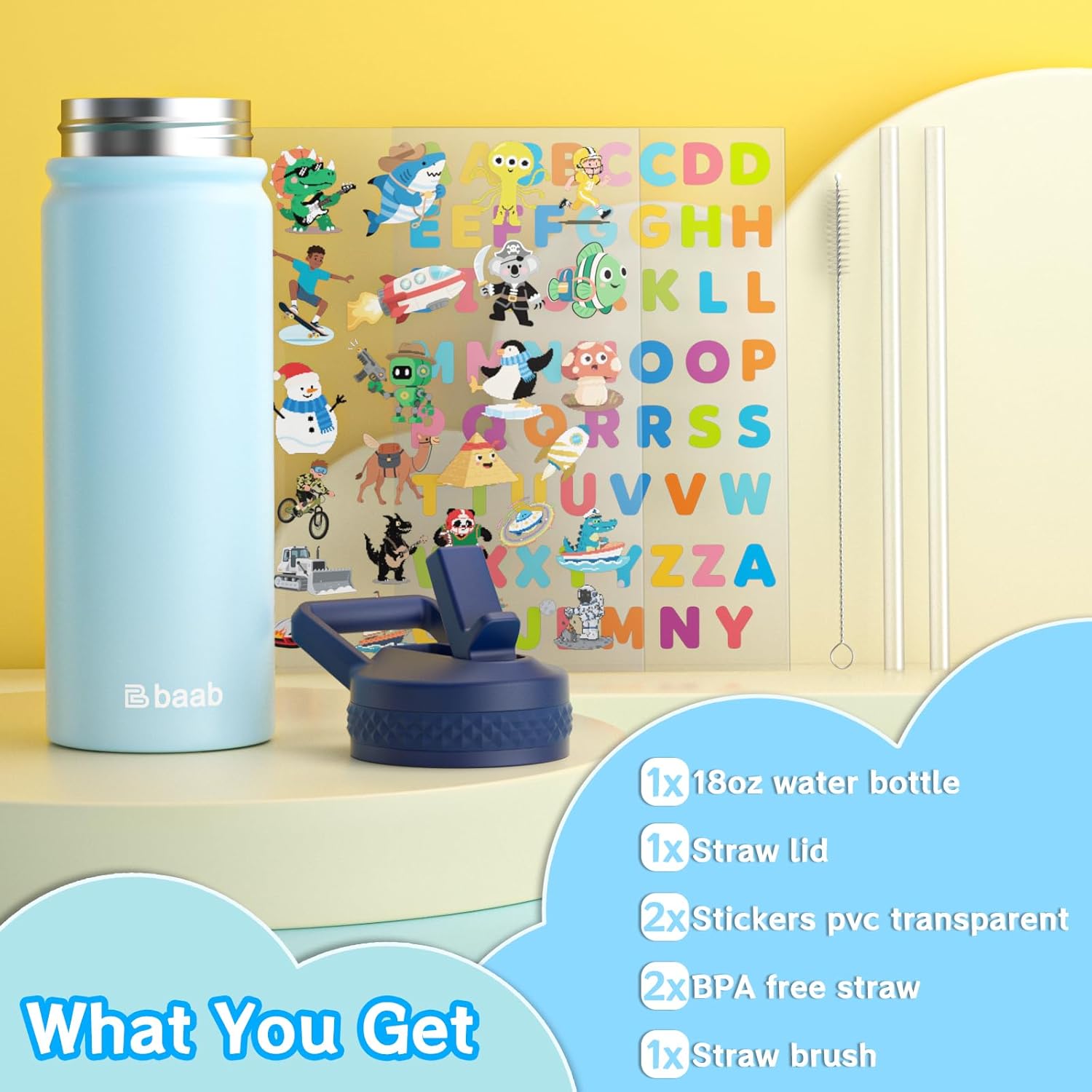 baab 18oz Kids Water Bottle, Insulated Water Bottle with Straw & Stickers, 18/8 Stainless Steel Vacuum Leakproof Kids Water Straw Cup for School, Perfect for Boy Girl (Light Blue, 1 Pack) - Image 7