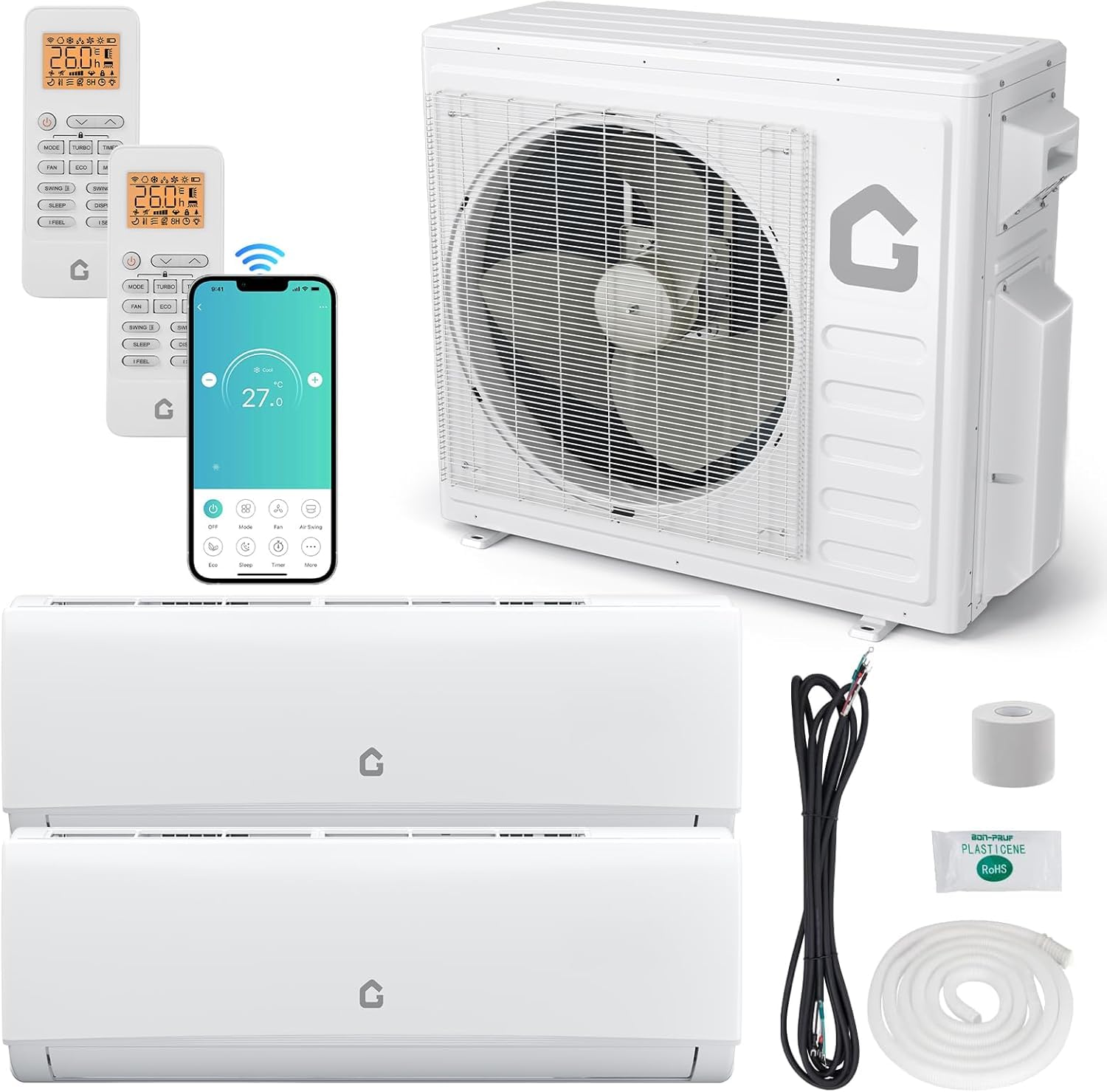 GarveeLife 20000 BTU Two-Zone Mini Split Air Conditioner ，20 SEER2 208/230V WiFi wall mounted AC，Inverter w/ R454B Refrigerant，12000+9000 BTU cooling/heating system for 950 Sq.Ft，Heater Pump