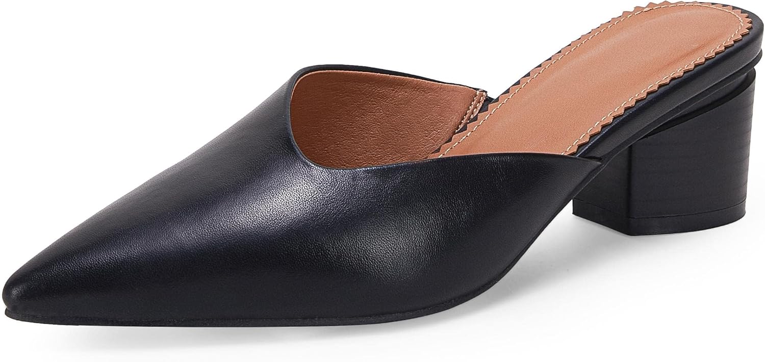 Coutgo Womens Pointed Toe V Cut Mules Chunky Block Heels Slip On Clogs Fashion Office Slides Shoes