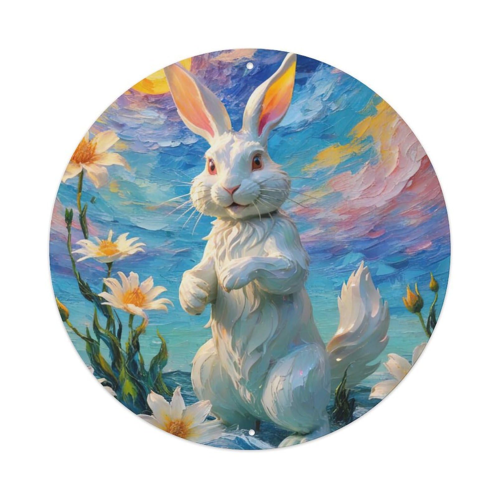 Animal Standing White Rabbit Vintage Metal Tin Sign Plaque Wall Decor for Cafe, Club, Garden Round Metal Poster 8x8Inch