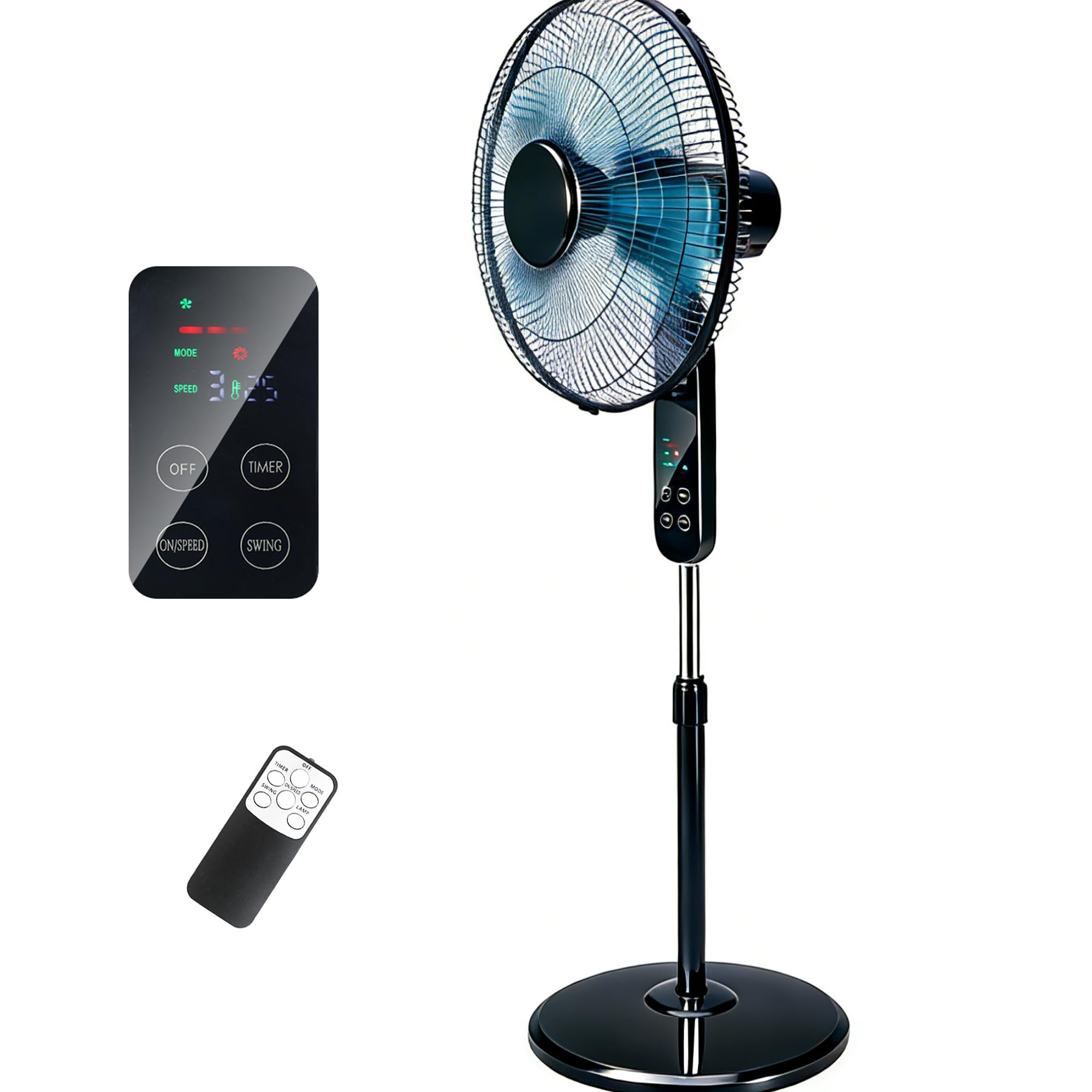 Aottop 16" Pedestal Fan with Touch Screen & LED Celsius Thermometer - Remote Control, 3 Speeds, 90° Oscillating,3 Wind Modes, 8H Timer, Quiet Standing