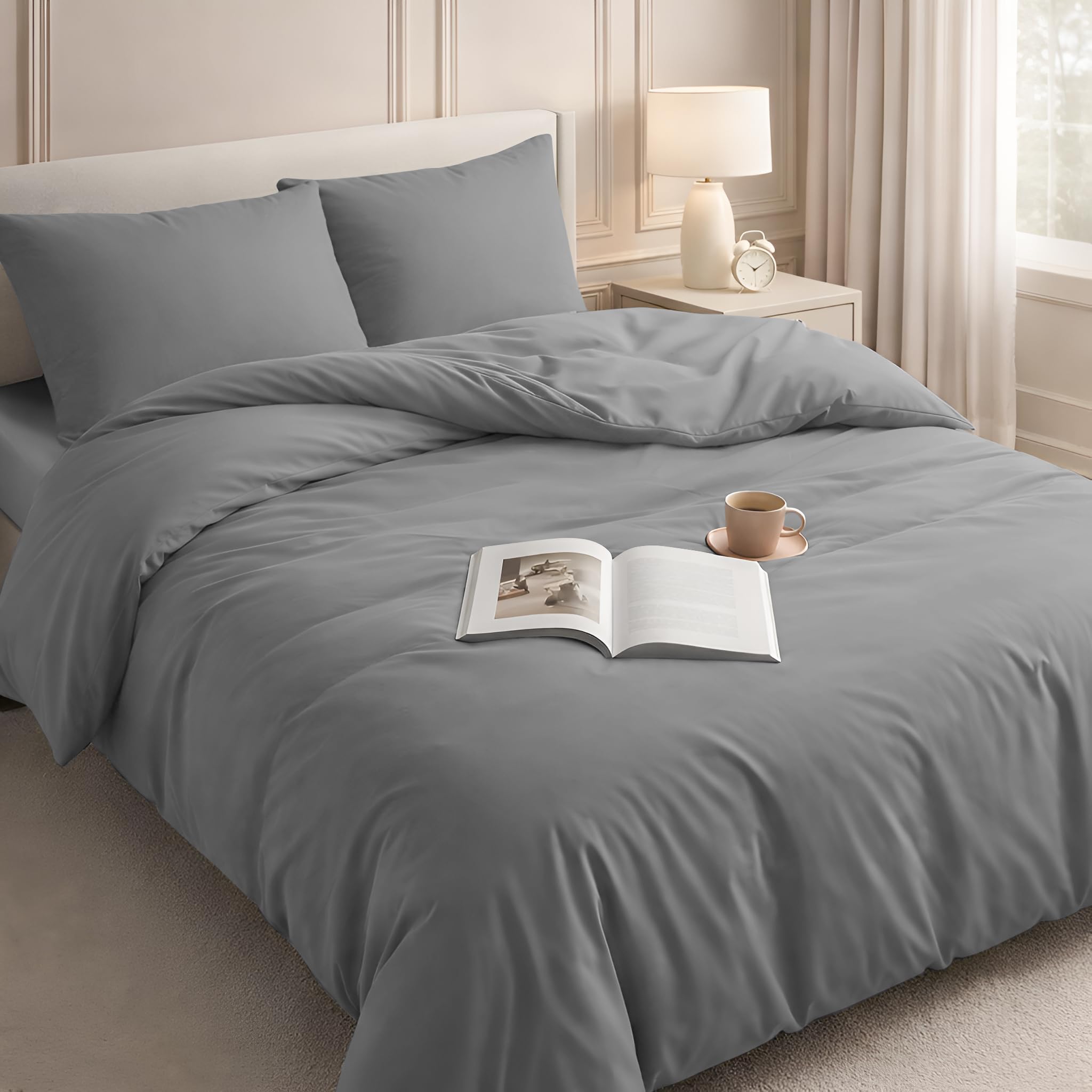 Velosso Duvet Cover Sets - Brushed Microfibre Duvet Covers with 2 Pillowcases - Hypoallergenic Ultra Soft Breathable Quilt Cover Set (Grey, Double) — image 1