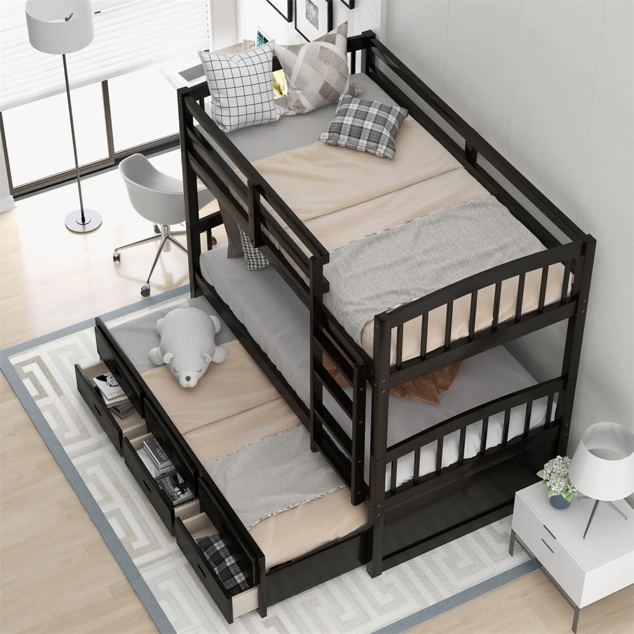 Updated Version & Stronger Twin Over Twin Bunk Bed with Trundle and Storage Drawers, Convertible Safer Thicken Solid Wood Bunk Bed Twin Over Twin Size for Kids Boys Girls Adults (Espresso)