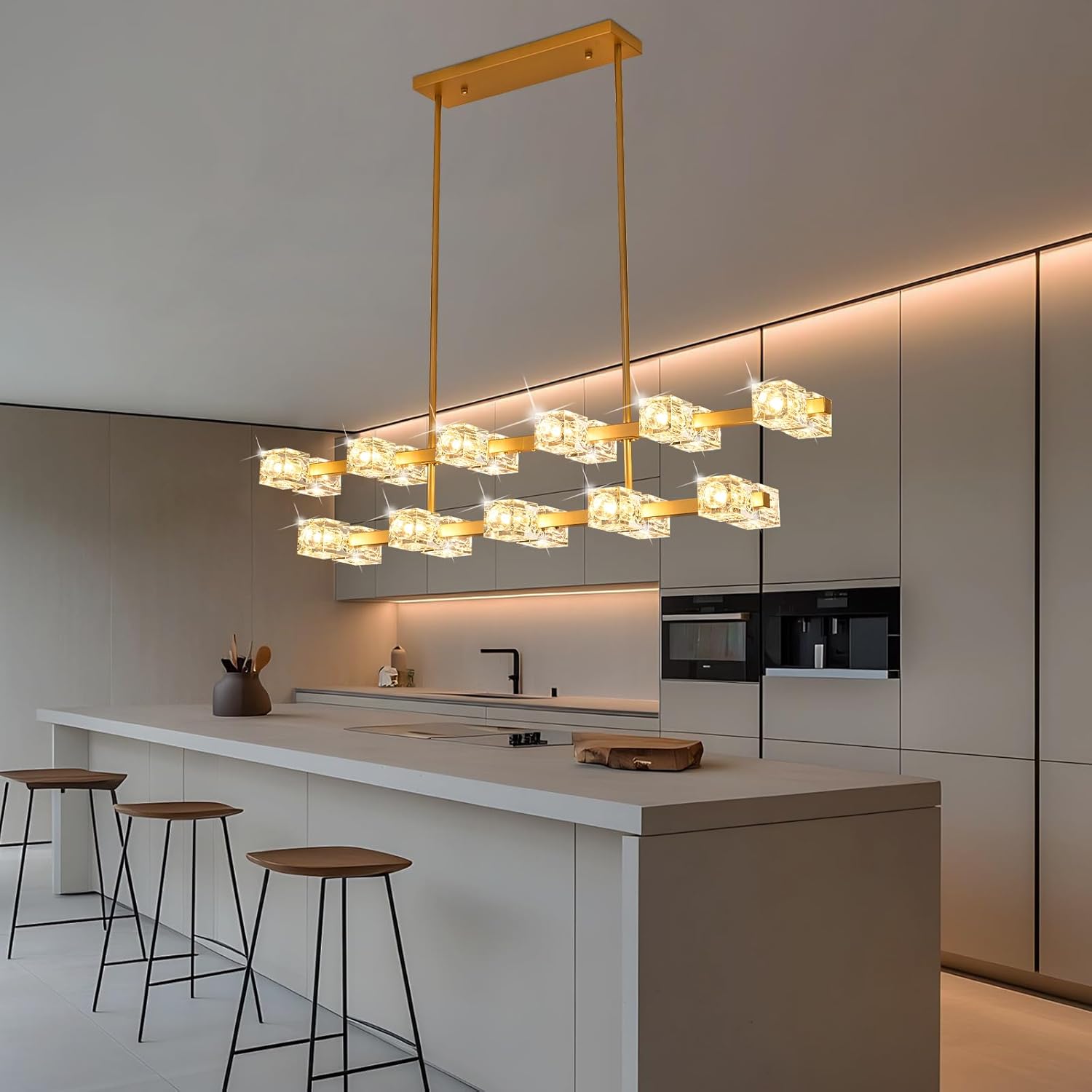 48 inch Golden Modern Crystal 22 Head Dining Room Pendant Light, semi Embedded Double-Layer Ceiling Light, Suitable for Kitchen Island, Farmhouse, Dining Room, Living Room