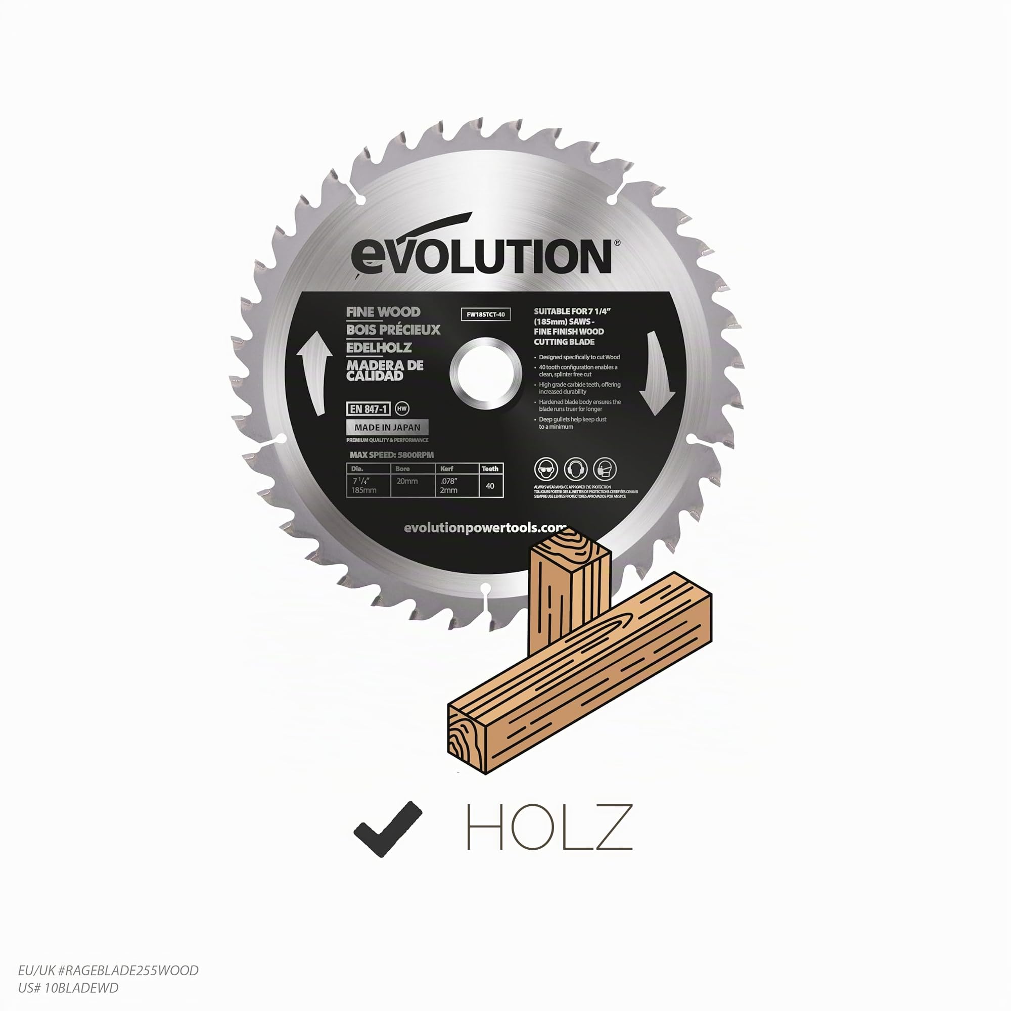 Evolution Power Tools FW185TCT-40, zaagblad voor het zagen van hout, voor verstekzagen, 185 mm
