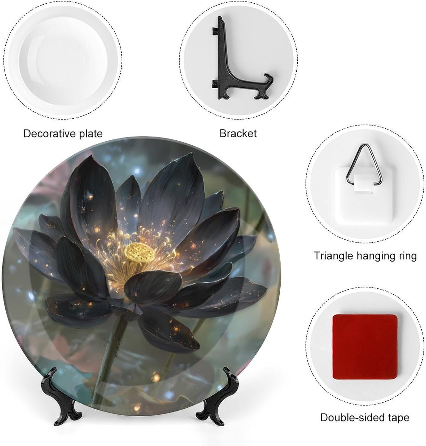 Black Lotuss Flower Decorative Plates for Display Ceramic Plate Tray with Stand Hanger Home Decor